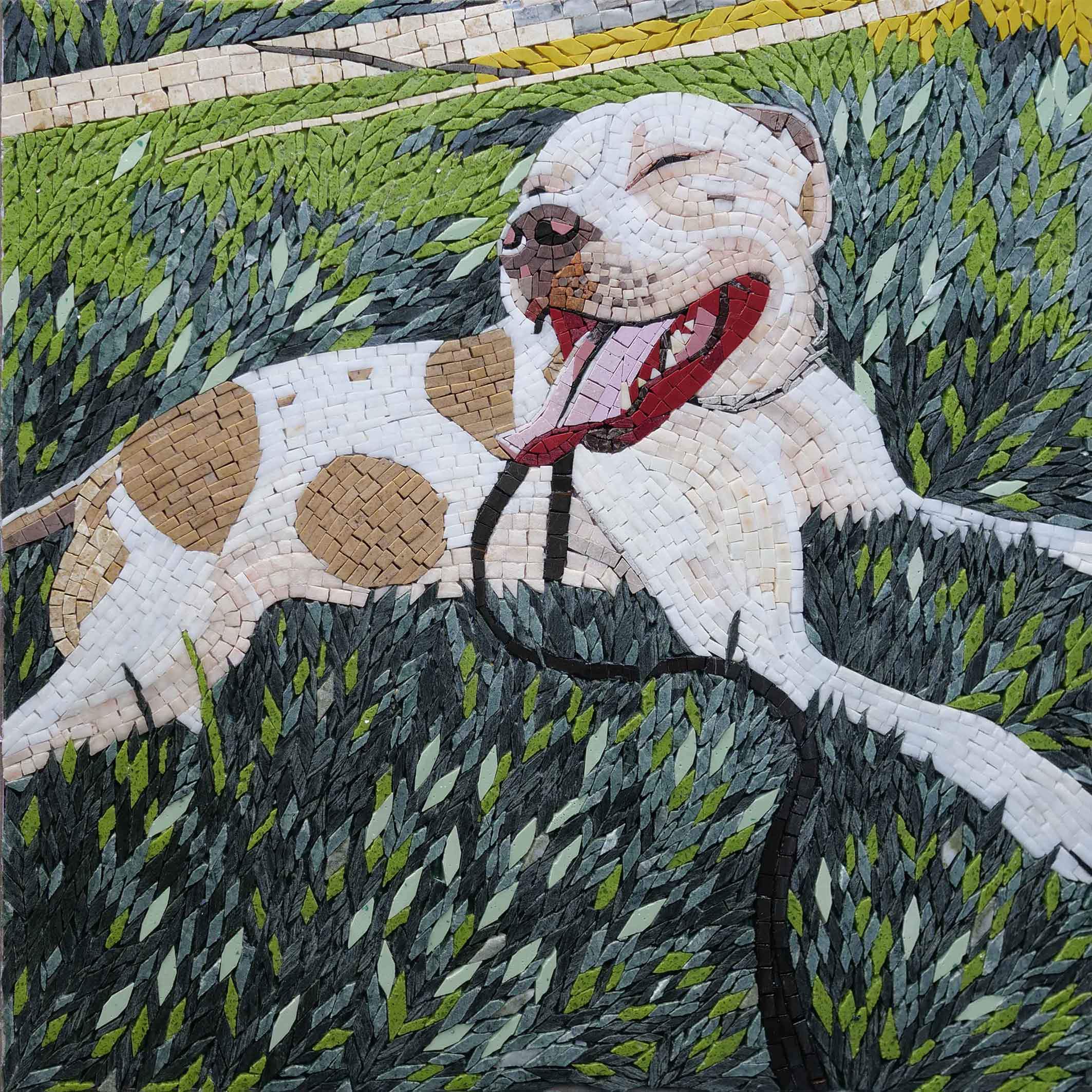 Smiling Pitbull Lying Down - Mosaic Reproduction Custom Wall Art - Mesh Backing