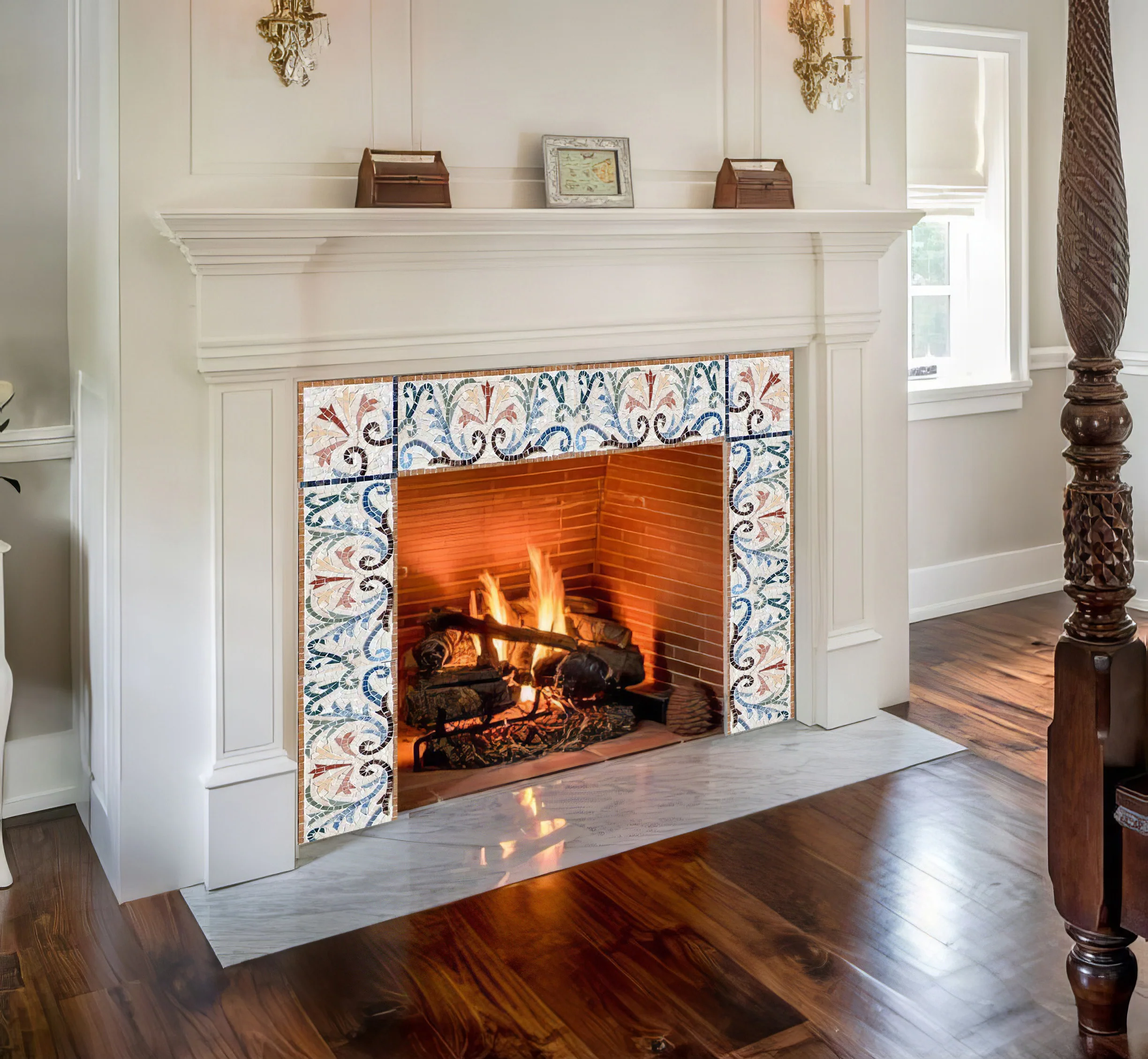 Floral Vine Border - Mosaic Medallion Surround Fireplace - Mesh Backing