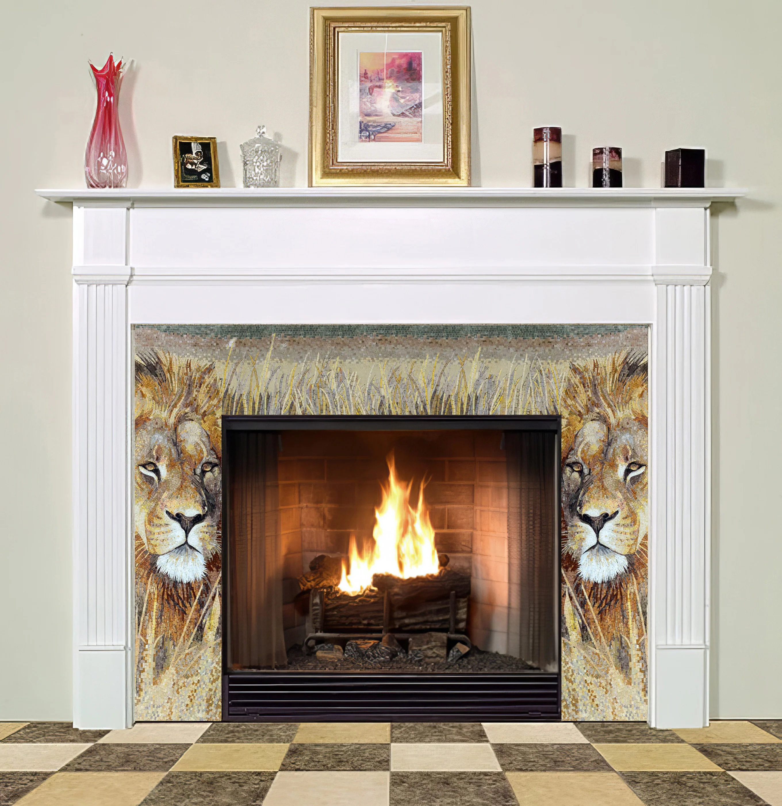 Lion Portrait - Marble Seahorse Mosaic Fireplace Border - Mesh Backing