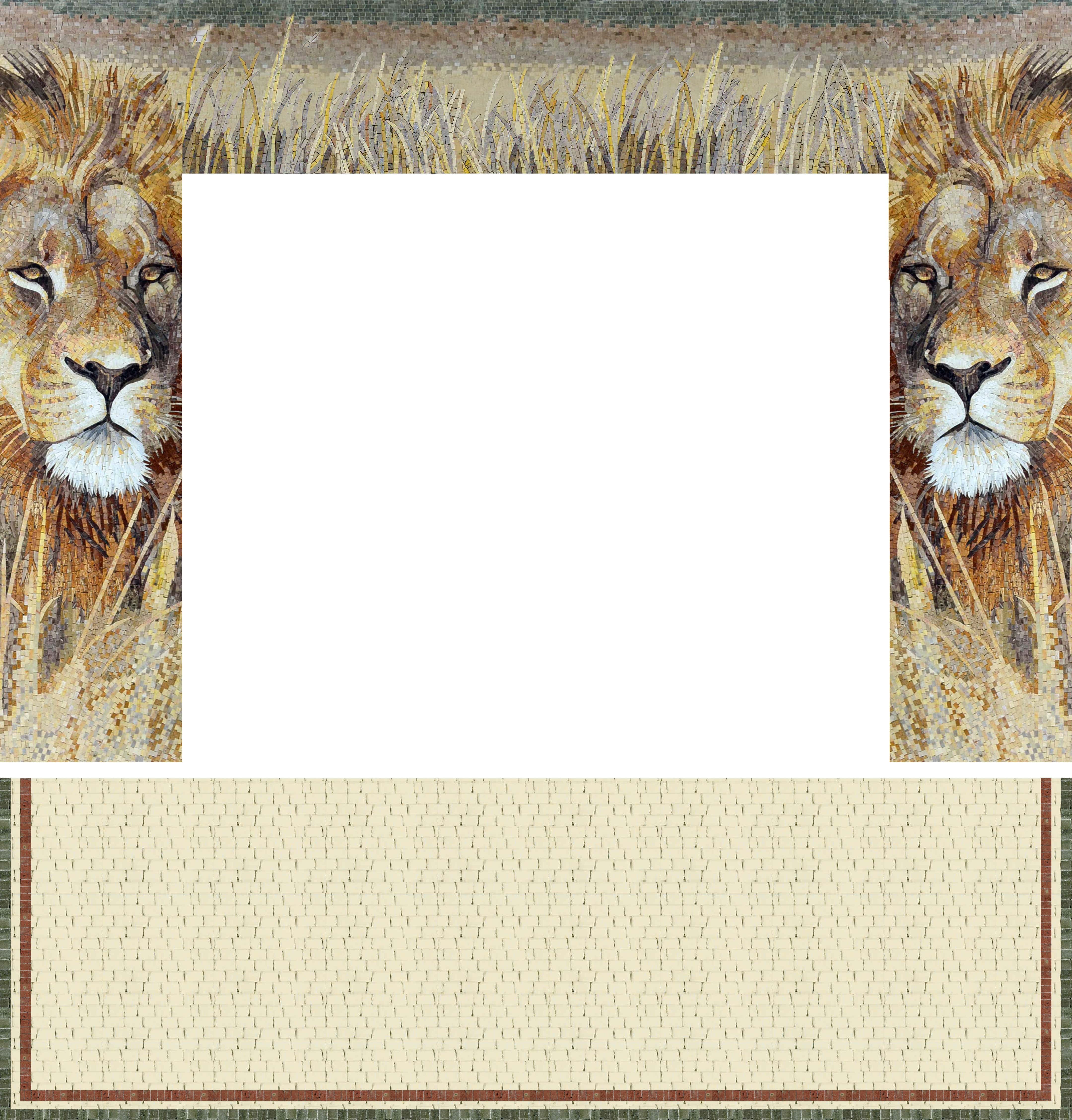 Lion Portrait - Marble Seahorse Mosaic Fireplace Border - Mesh Backing - Image 2