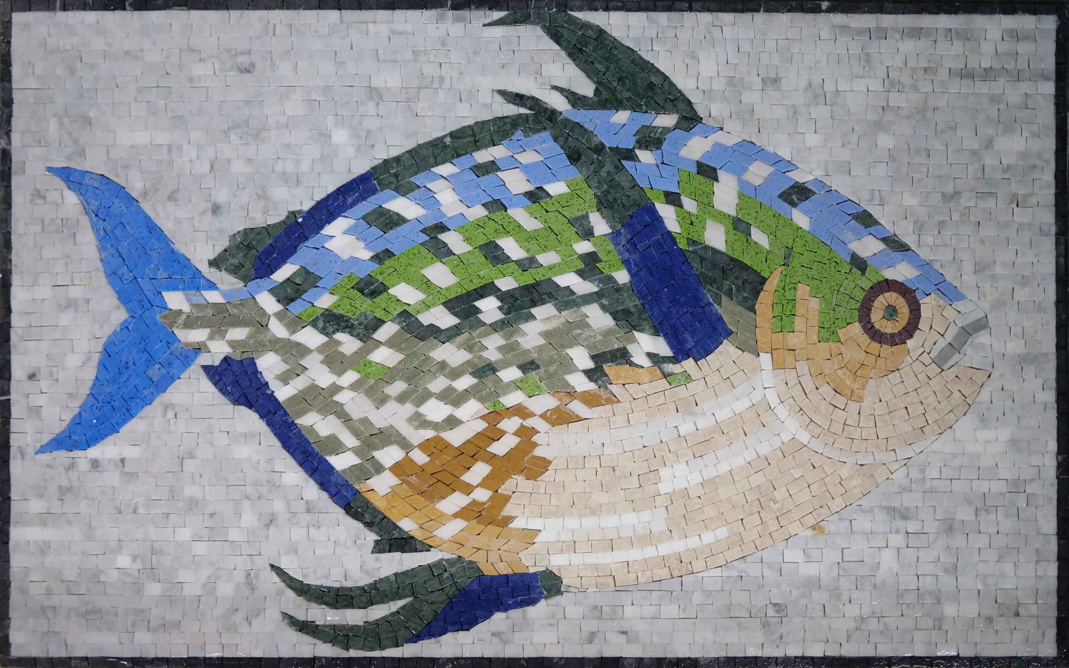 Swimming Fish Motif - Mosaic Pathways Artwork Handcrafted Luxury Natural Stone - Mesh Backing