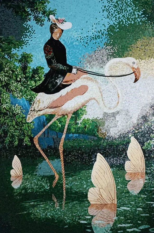 Whimsical Abstract Flamingo Ride - Glass Mosaic Rug Paradise - Mesh Backing
