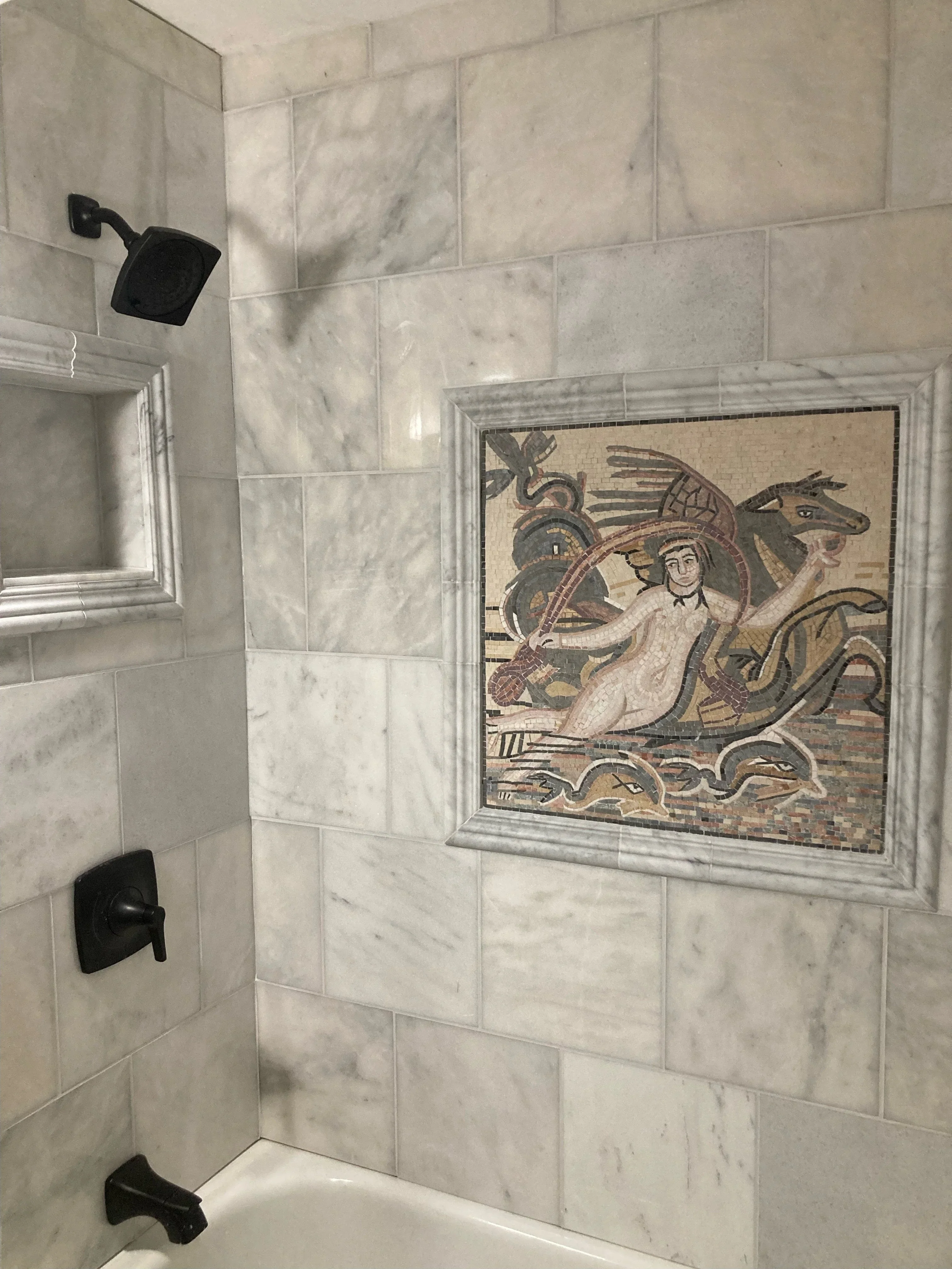 Aphrodite Goddess Riding Sea Creature - Marble Dragonfly Mosaic Love Artwork - Mesh Backing - Image 2