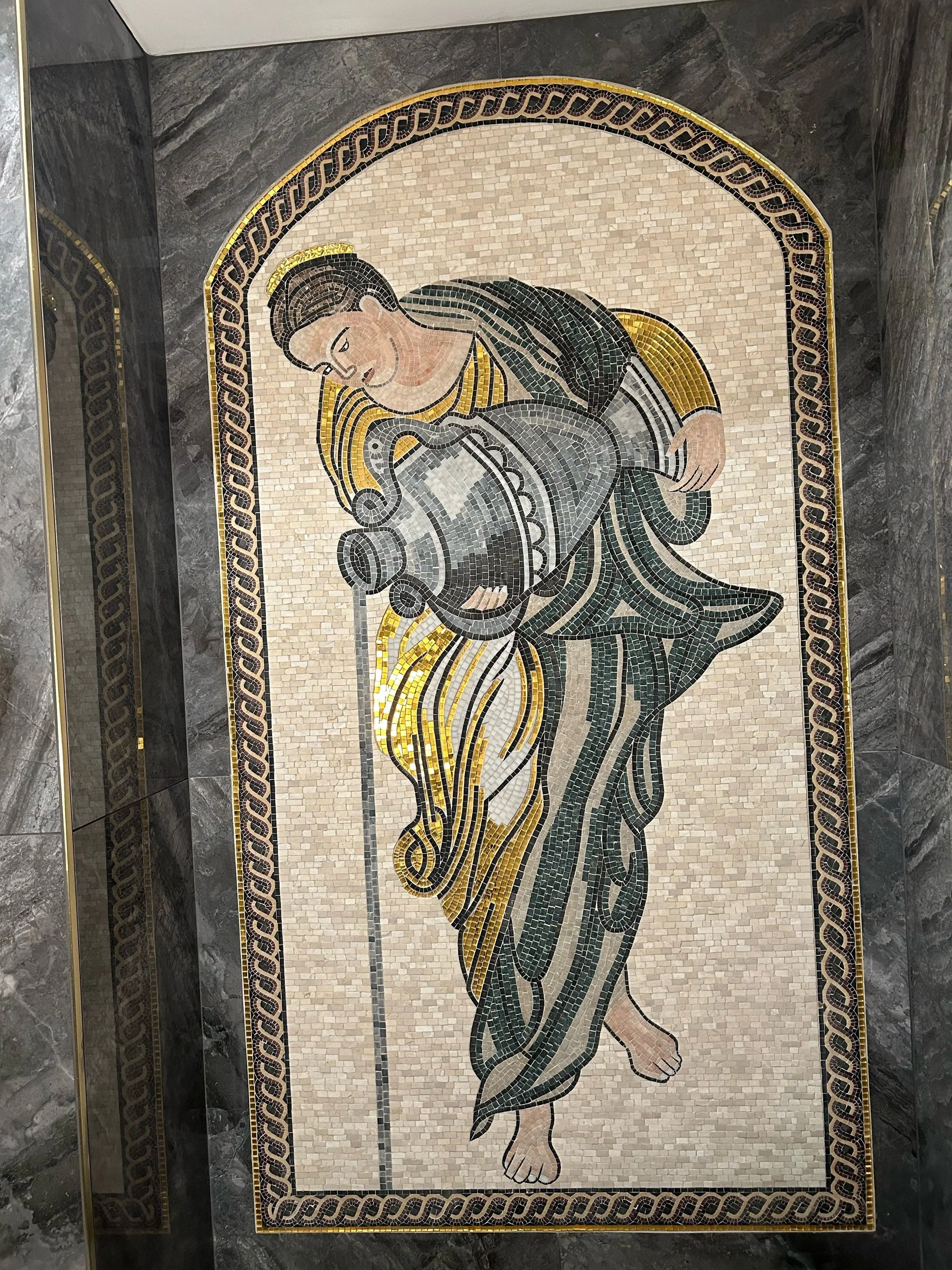 Lady Pouring Water - Marble Mosaic Greek Artwork - Mesh Backing - Image 4
