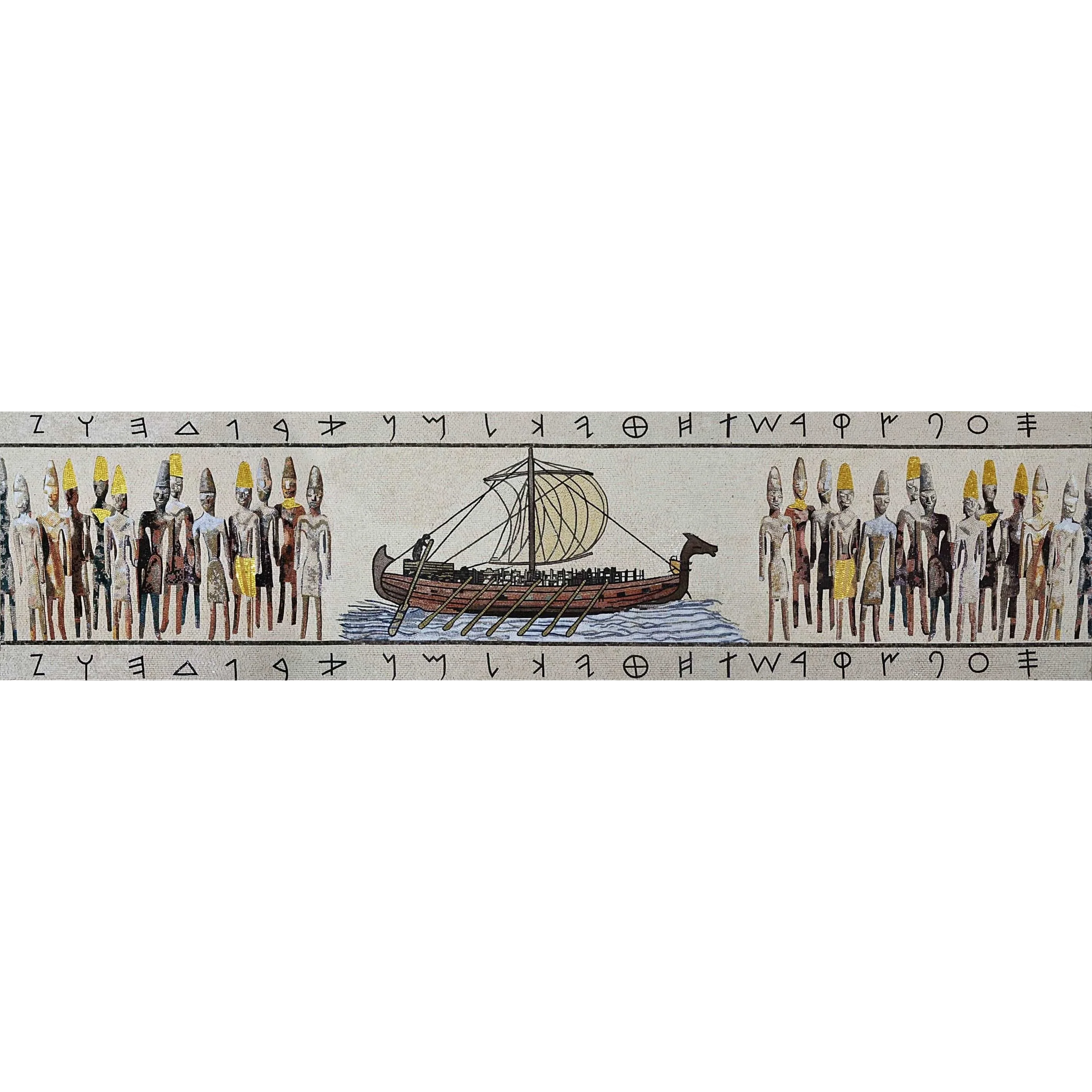 Bordered Ship And People - Marble Mosaic Tile For Kitchen Backsplash Mural Phoenician Civilization - Mesh Backing