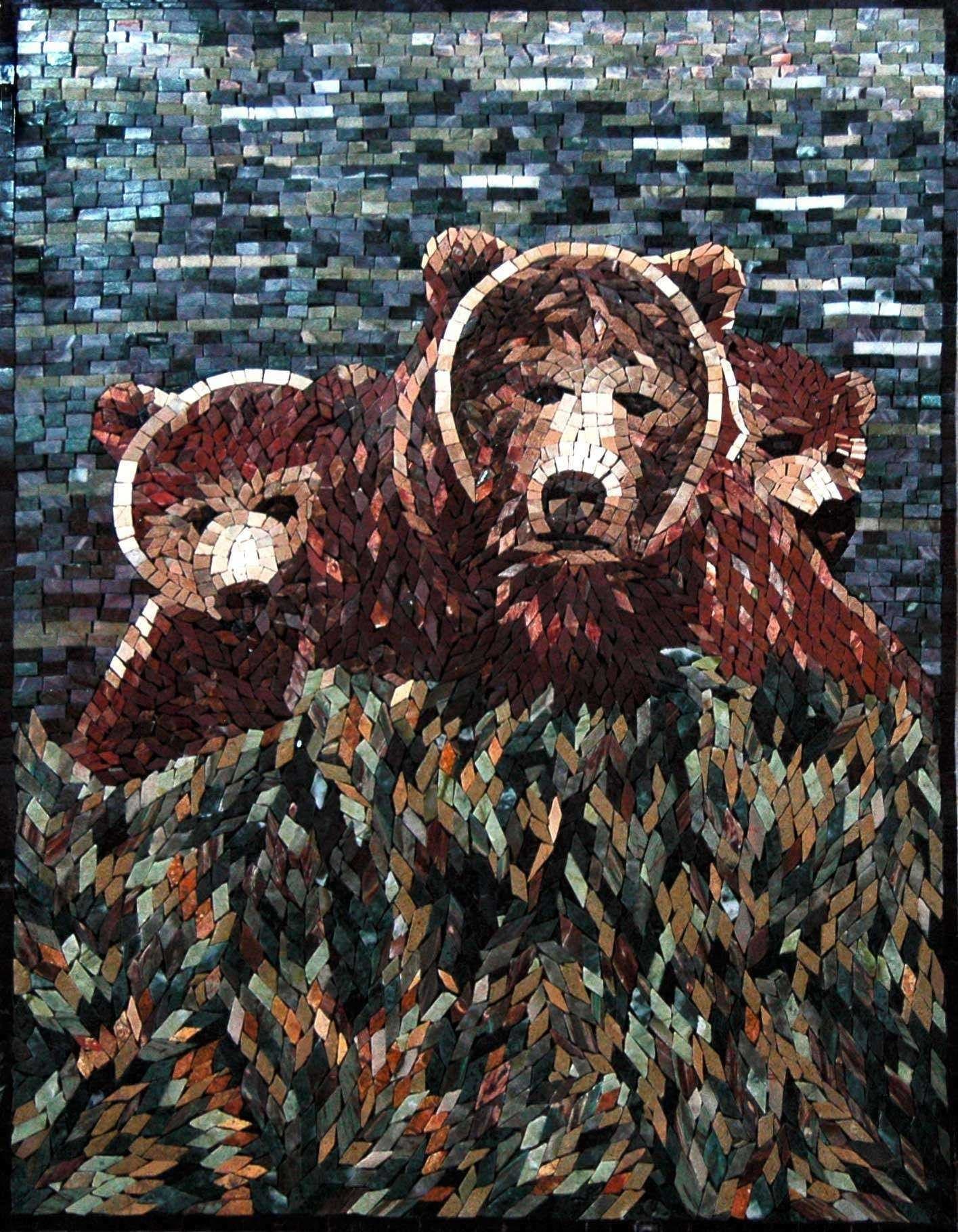 Enchanting Bear Family - Marble Mosaic Animal Designs - Mesh Backing