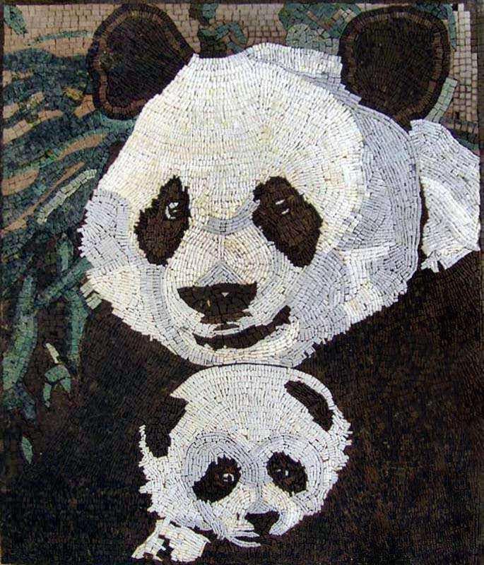 Two Pandas - Marble Mosaic Playful Family Scene Art Design - Mesh Backing