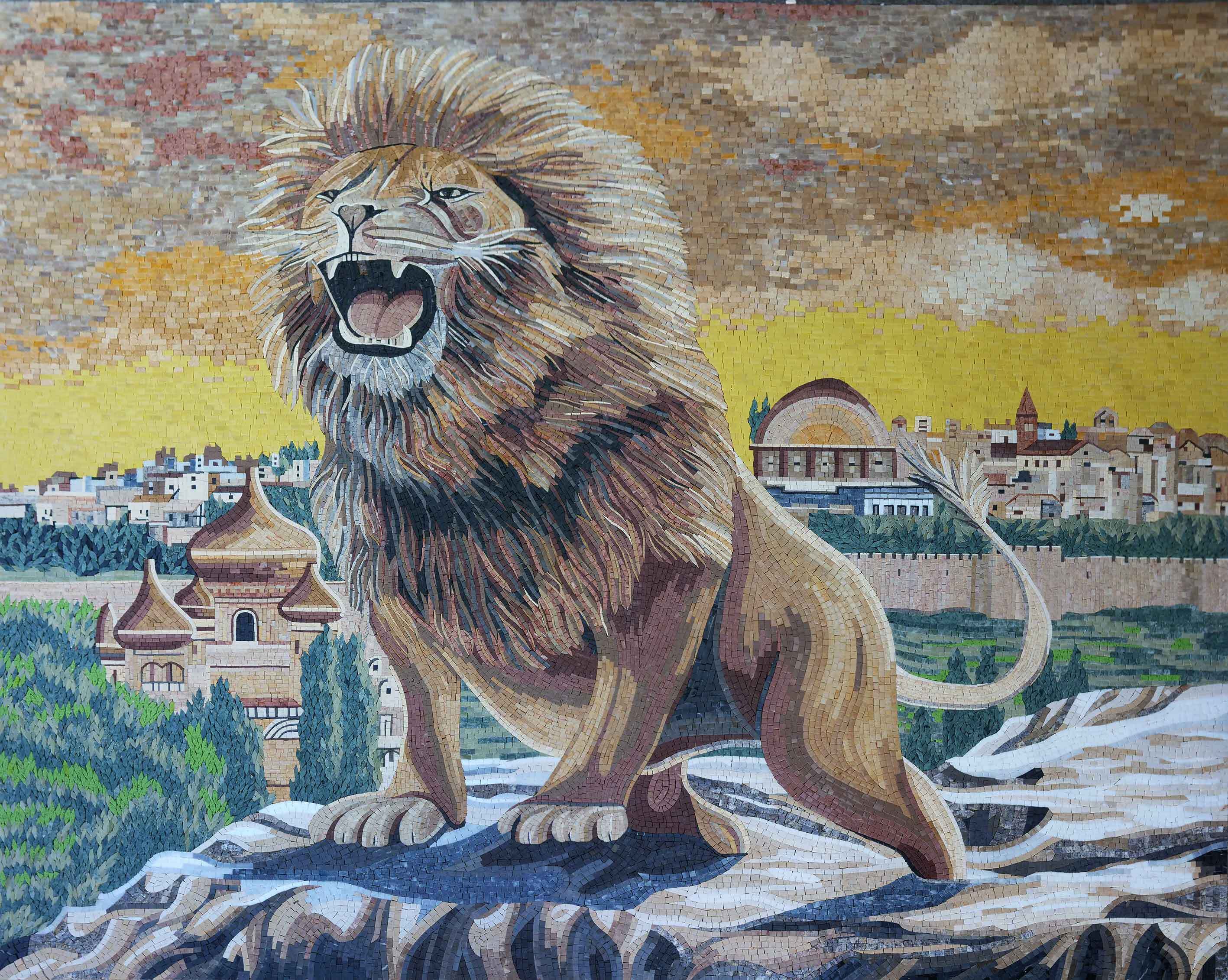 Roaring Lion Cityscape - Mosaic Art For Wall Design - Mesh Backing