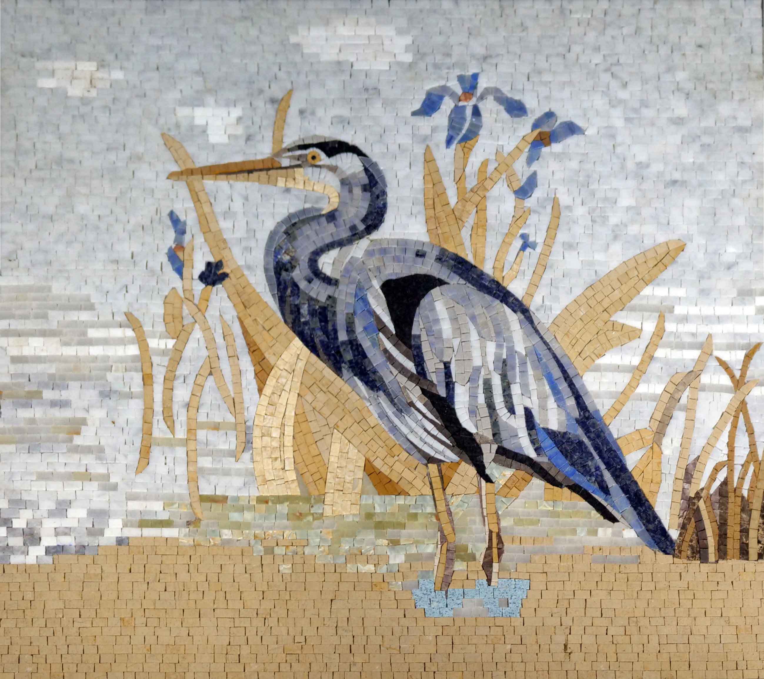 Heron And Iris - Marble Mosaic Border Bird Art - Mesh Backing