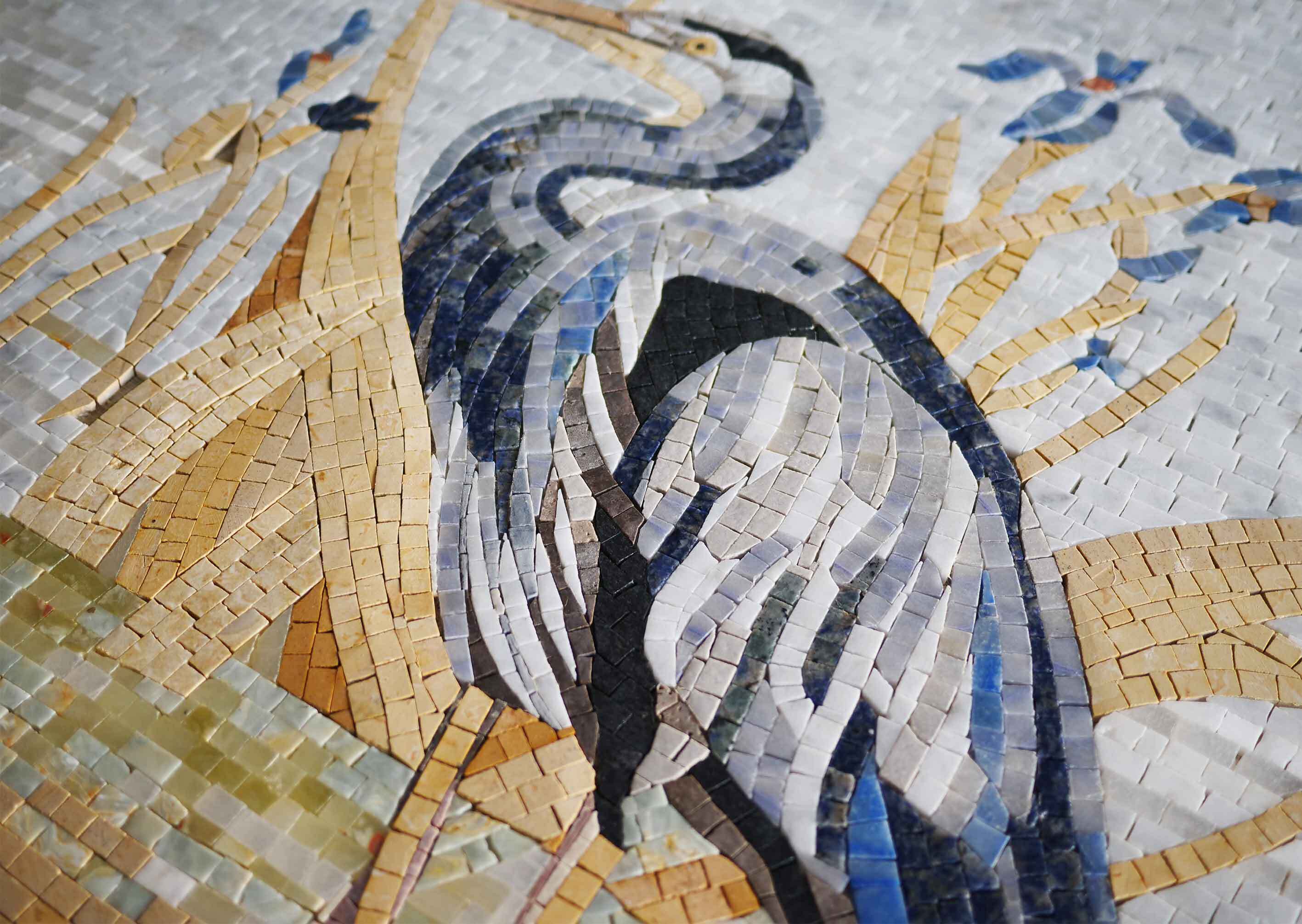 Heron And Iris - Marble Mosaic Border Bird Art - Mesh Backing - Image 2