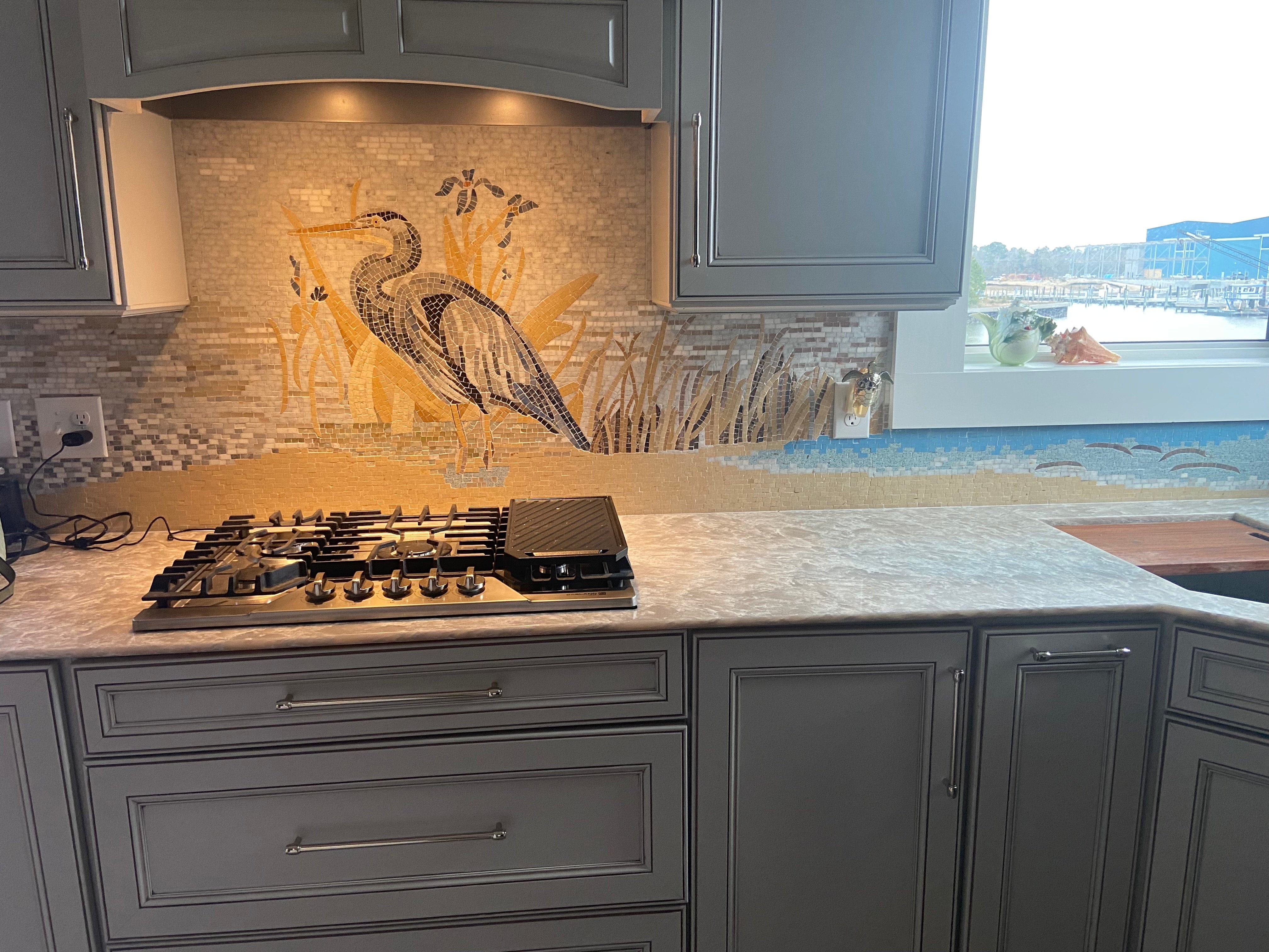 Heron And Iris - Marble Mosaic Border Bird Art - Mesh Backing - Image 3