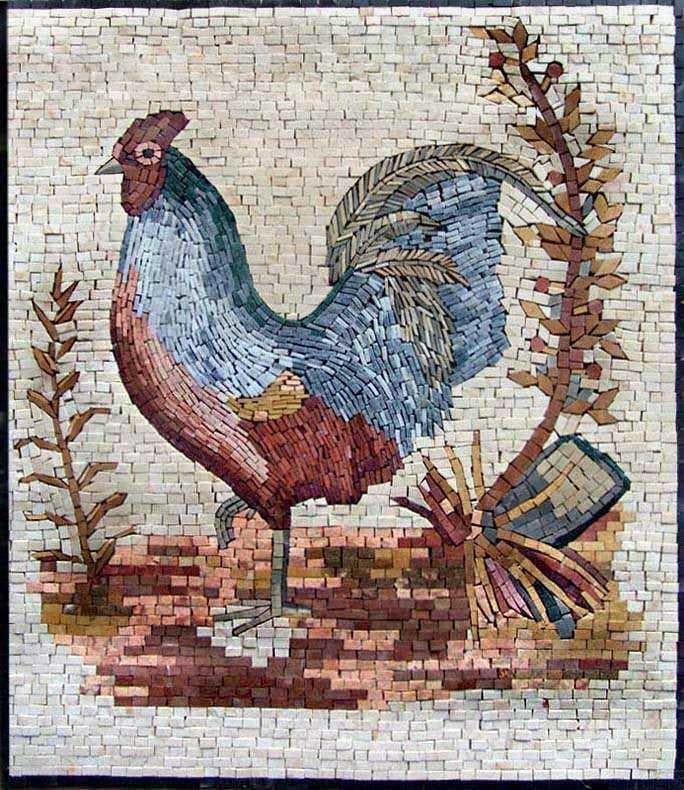 Detailed Rooster - Marble Mosaic Kitchen Backsplash - Mesh Backing
