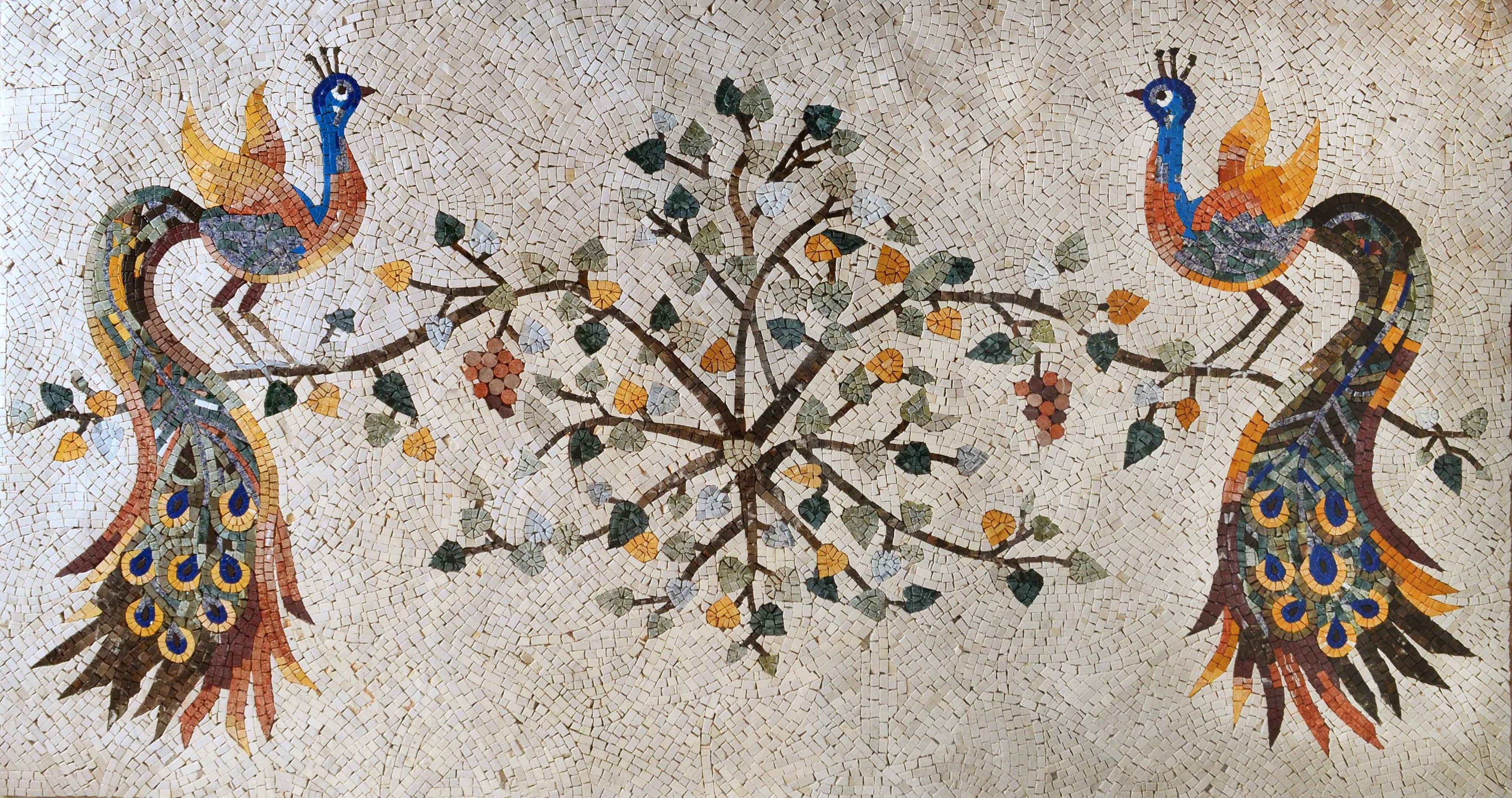 Elegant Peafowls Arbor - Marble Mosaic Natural Stone Mural - Mesh Backing