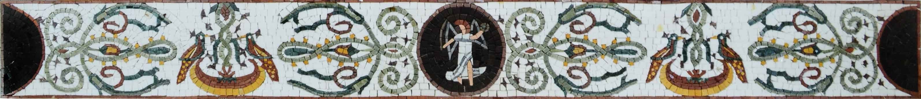 Ancient Figure With Birds - Marble Mosaic Grazi Border Pattern - Mesh Backing