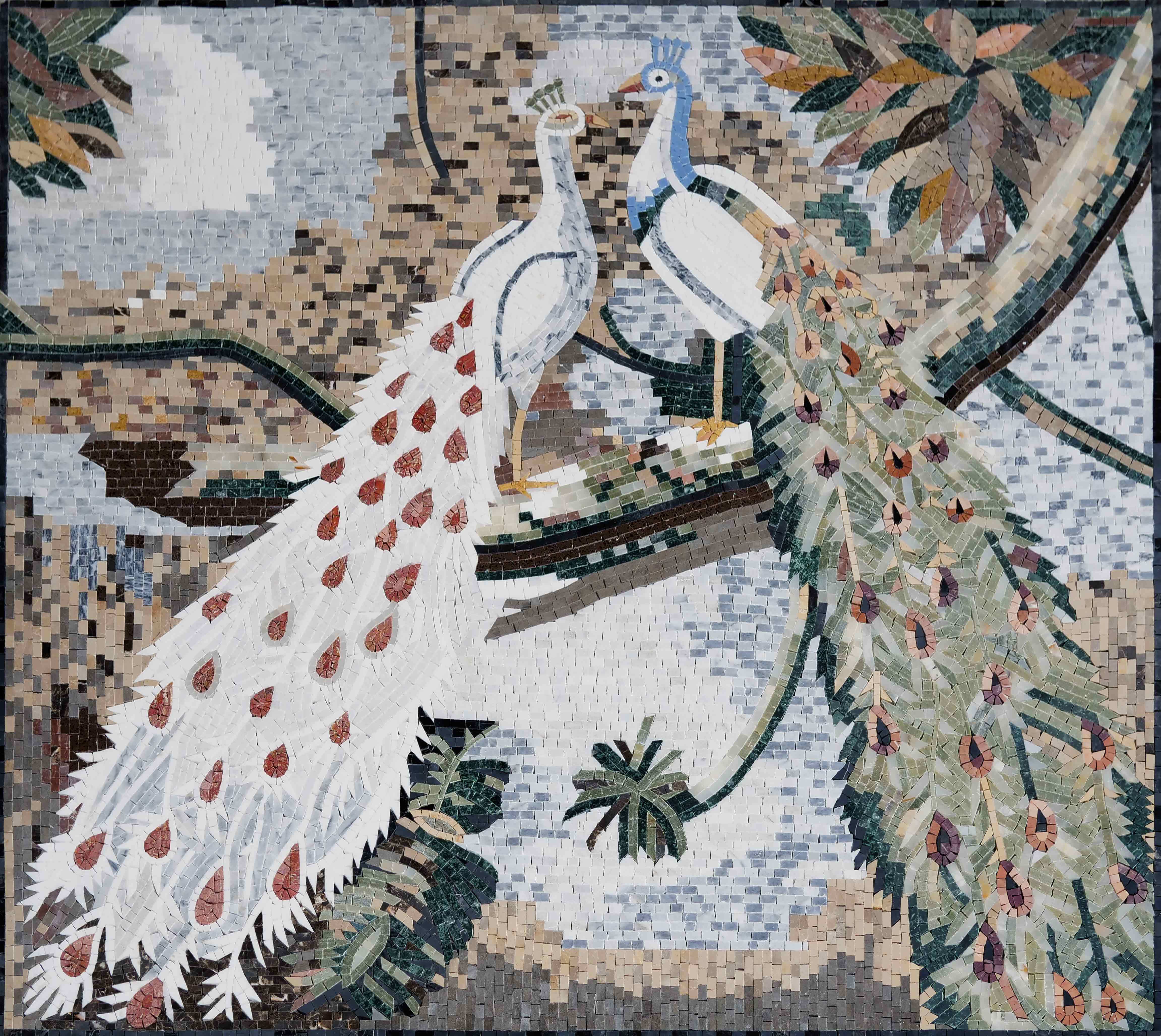 Two Peacocks Branch - Buy Mosaic Art Artwork - Mesh Backing