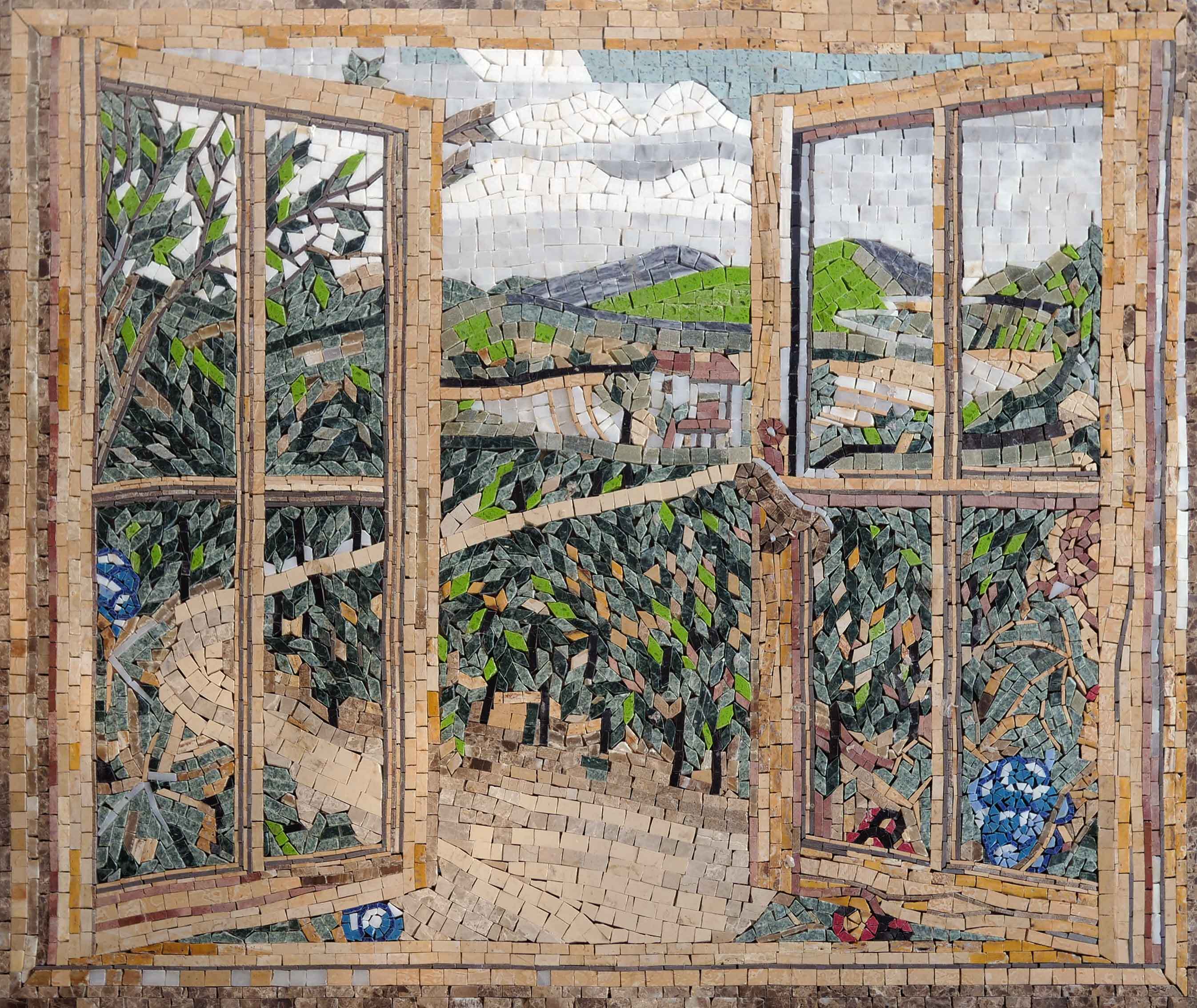 Open Window View - Mosaic Art Butterfly Scenery - Mesh Backing