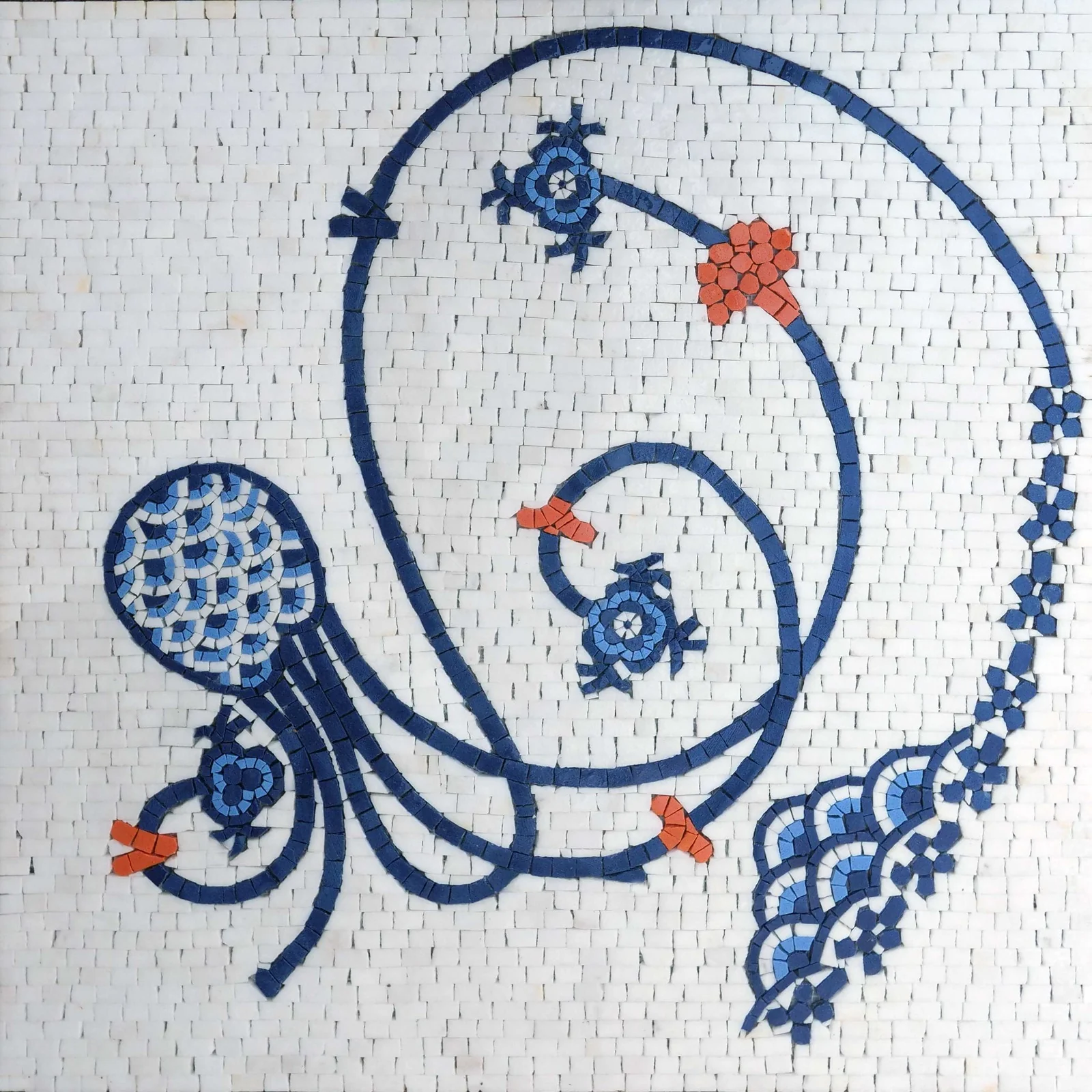Ottoman/Iznik Inspired Blue and White Floral Mosaic Tile Art - Swirling Design Wall Panel - Image 3