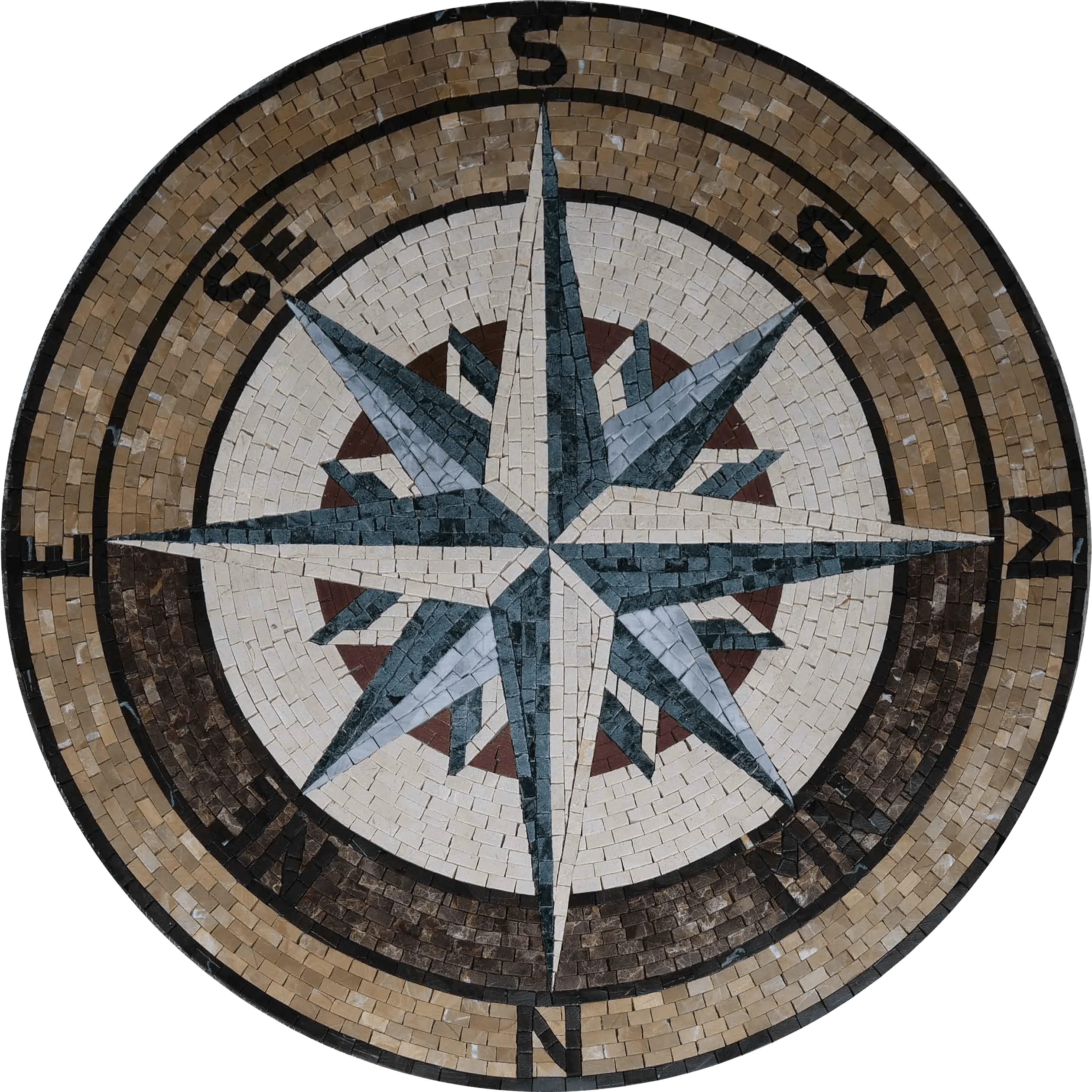 Circular Star Pattern - Marble Gaudi Mosaic Compass Medallion - Mesh Backing