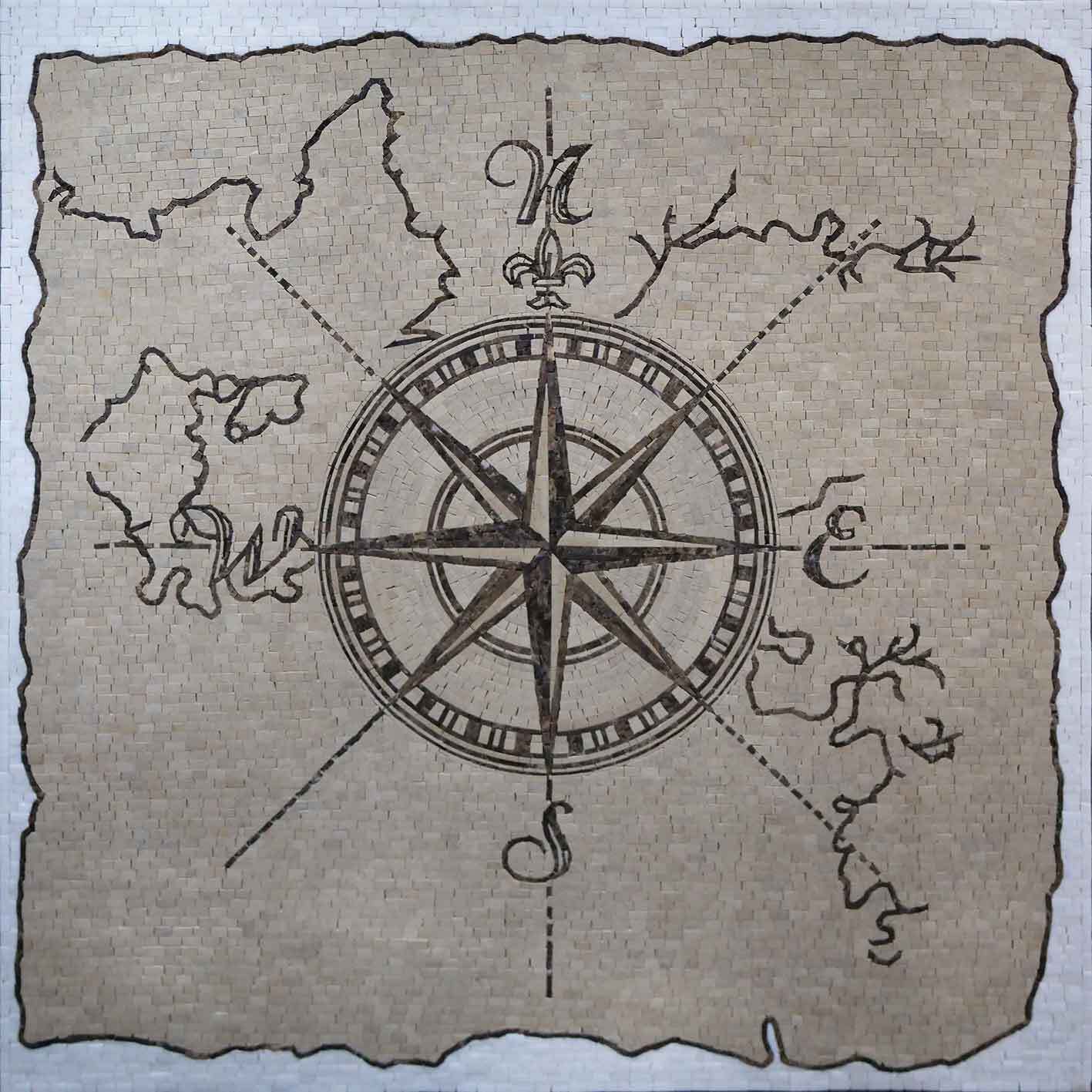 Compass Rose Map - Marble Mosaic Art Ideas Wall Decor - Mesh Backing