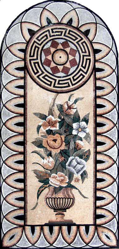 Enchanting Floral Still Life - Marble Mosaic Arched Artwork Arrangement - Mesh Backing