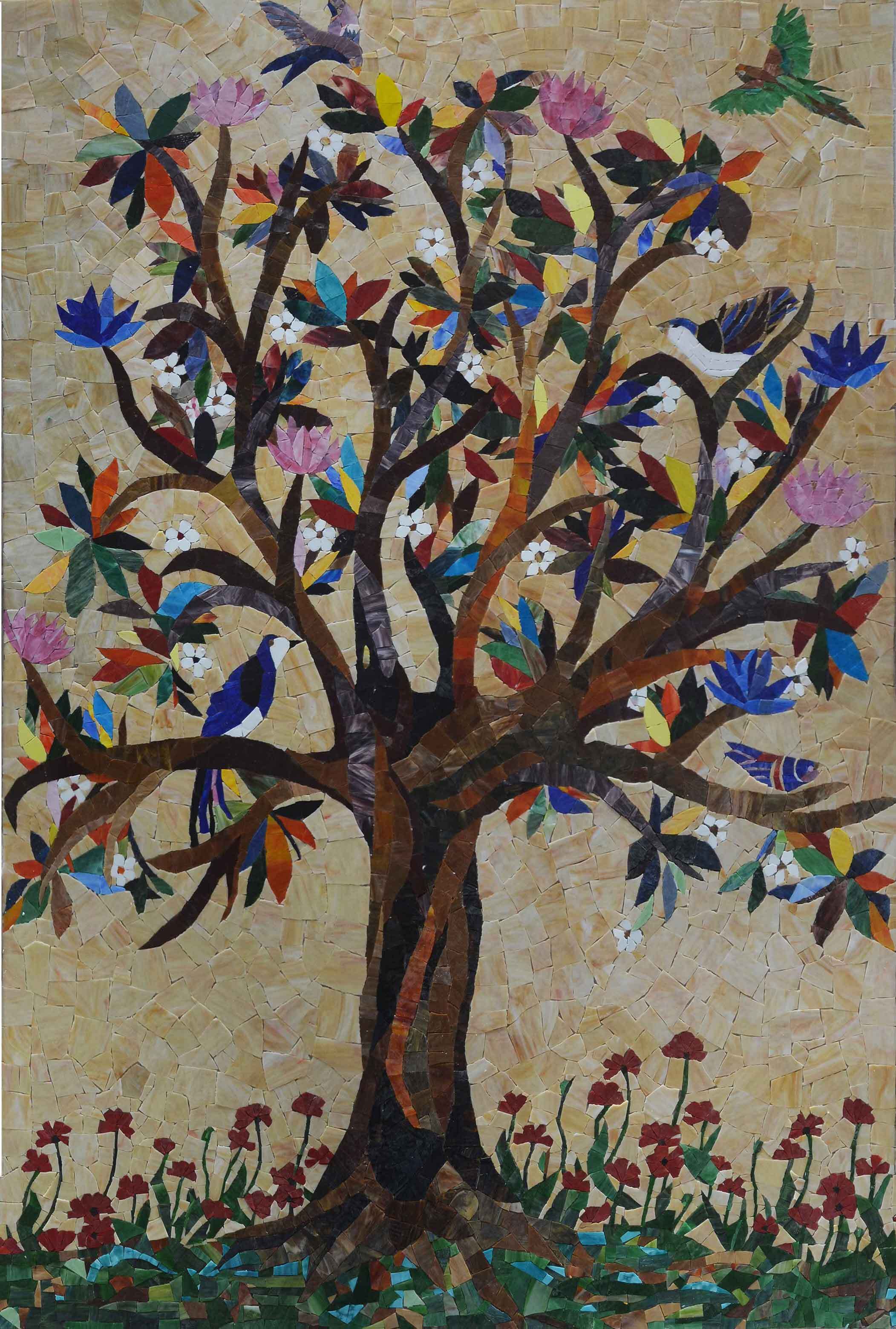 Tree With Birds - Mosaic Paintings Stone Art - Mesh Backing