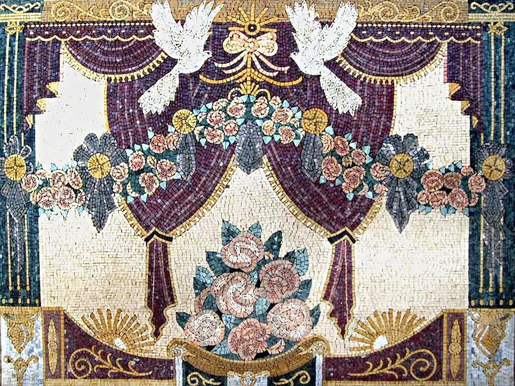 Enchanting Floral Doves - Marble Mosaic Wall Art Flowers And - Mesh Backing