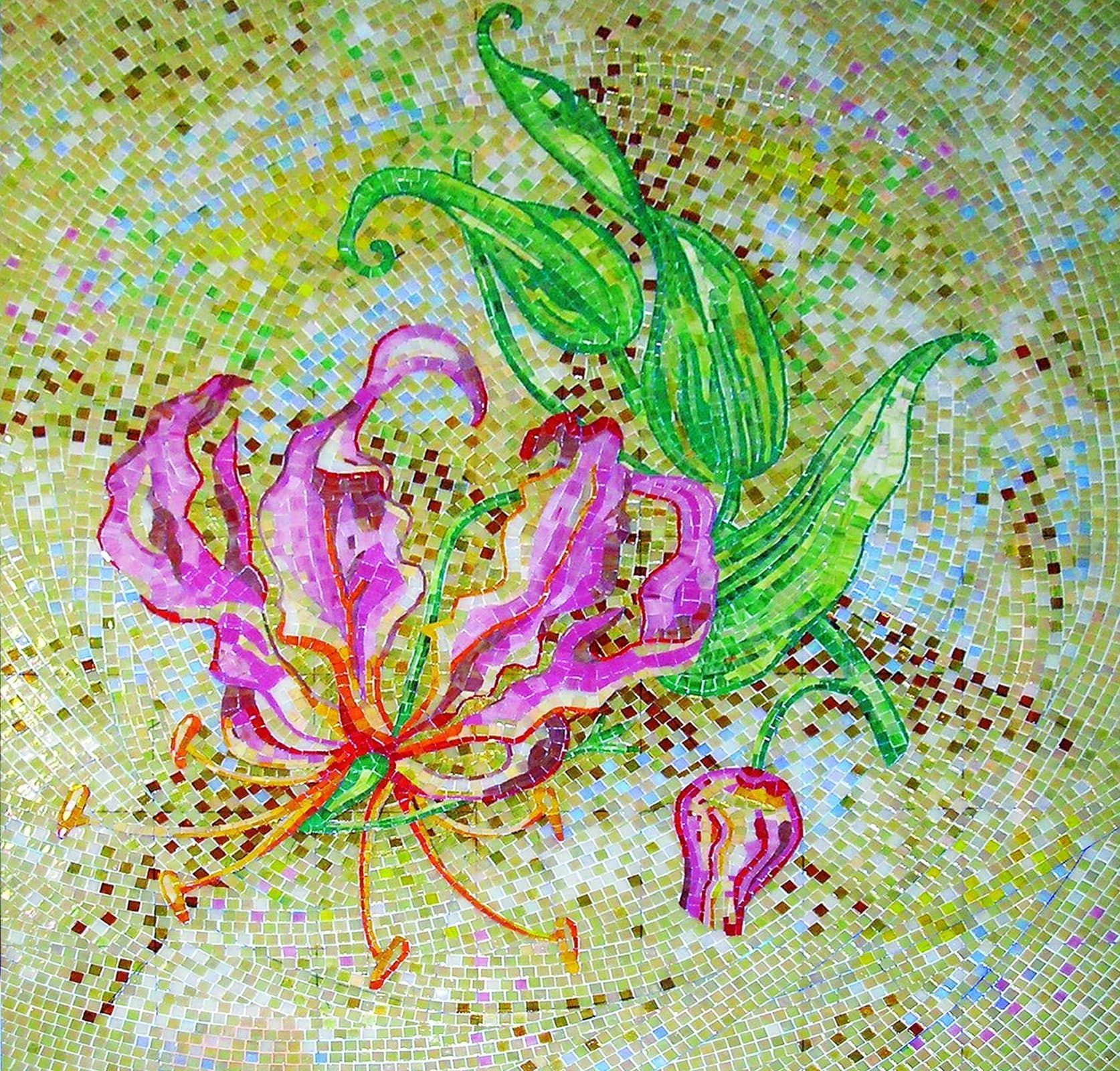 Floral Bloom - Glass Ancient Mosaic Natural Flower Scene - Mesh Backing