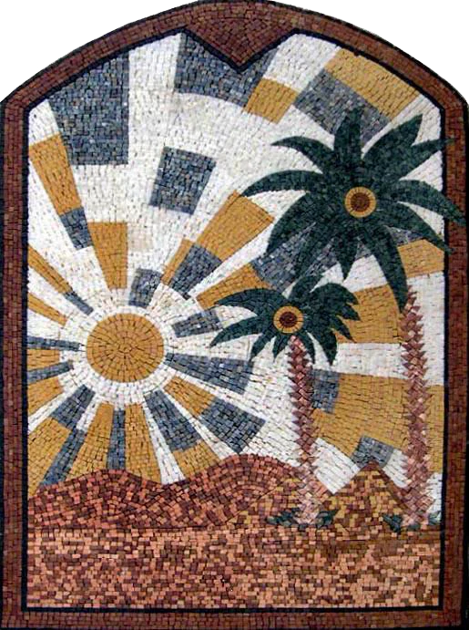 Lush Palm And Sunset - Marble Mosaic Tropical Scene - Mesh Backing