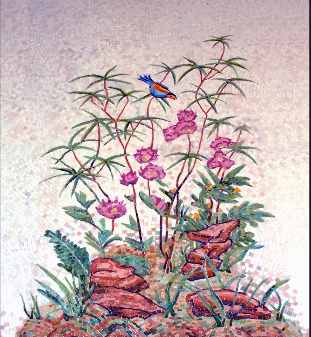 Singing Bird Floral Scene - Glass Mosaic Peacock - Mesh Backing