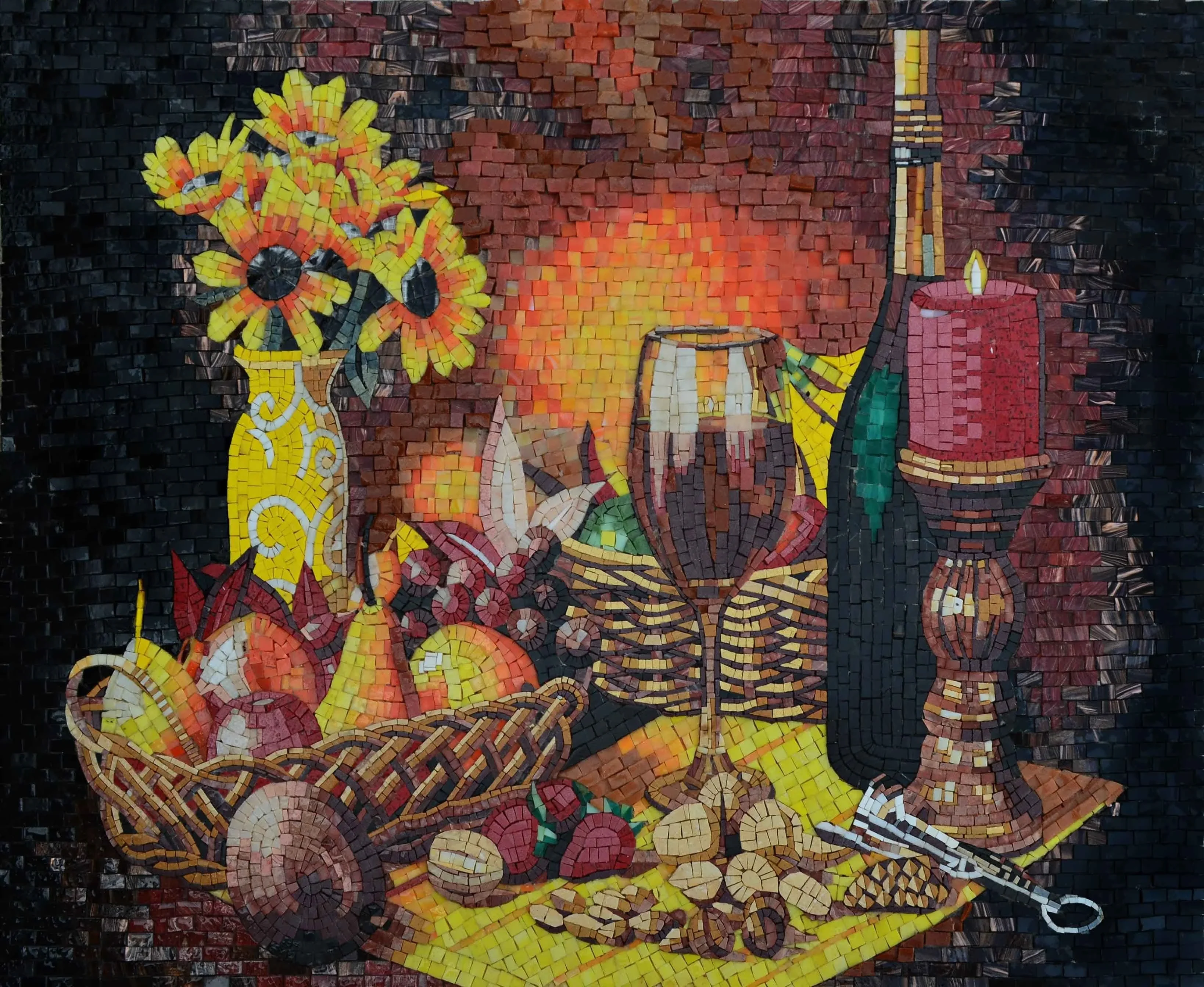 Wine And Fruits Still Life Mural - Marble Mosaic - Mesh Backing