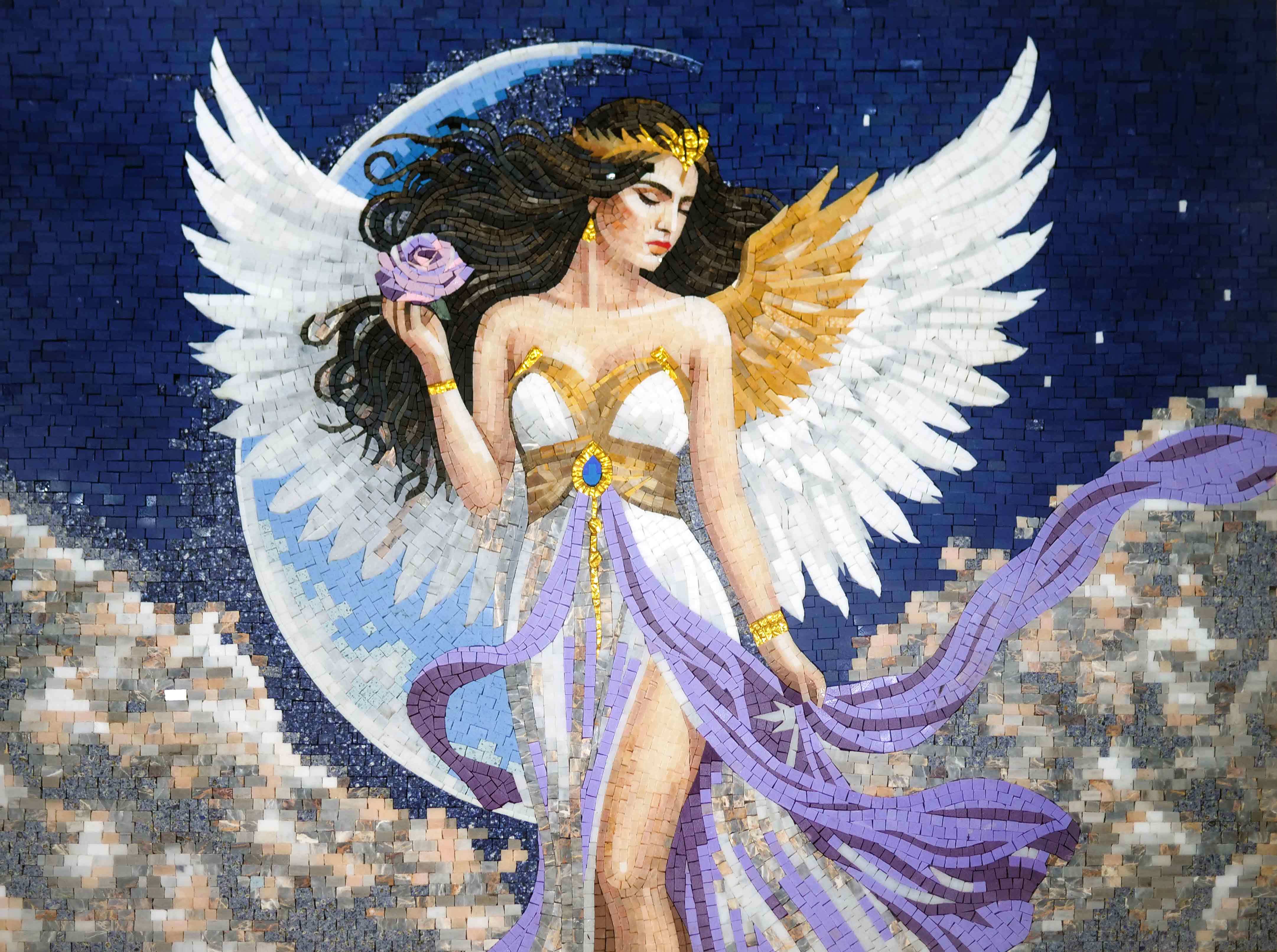 Winged Woman With Moon - Mosaic Paintings Handmade Artwork - Mesh Backing