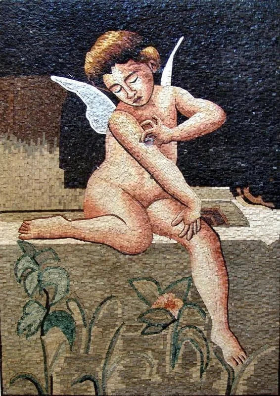 Cherub Figure - Marble Mosaic Stone - Mesh Backing