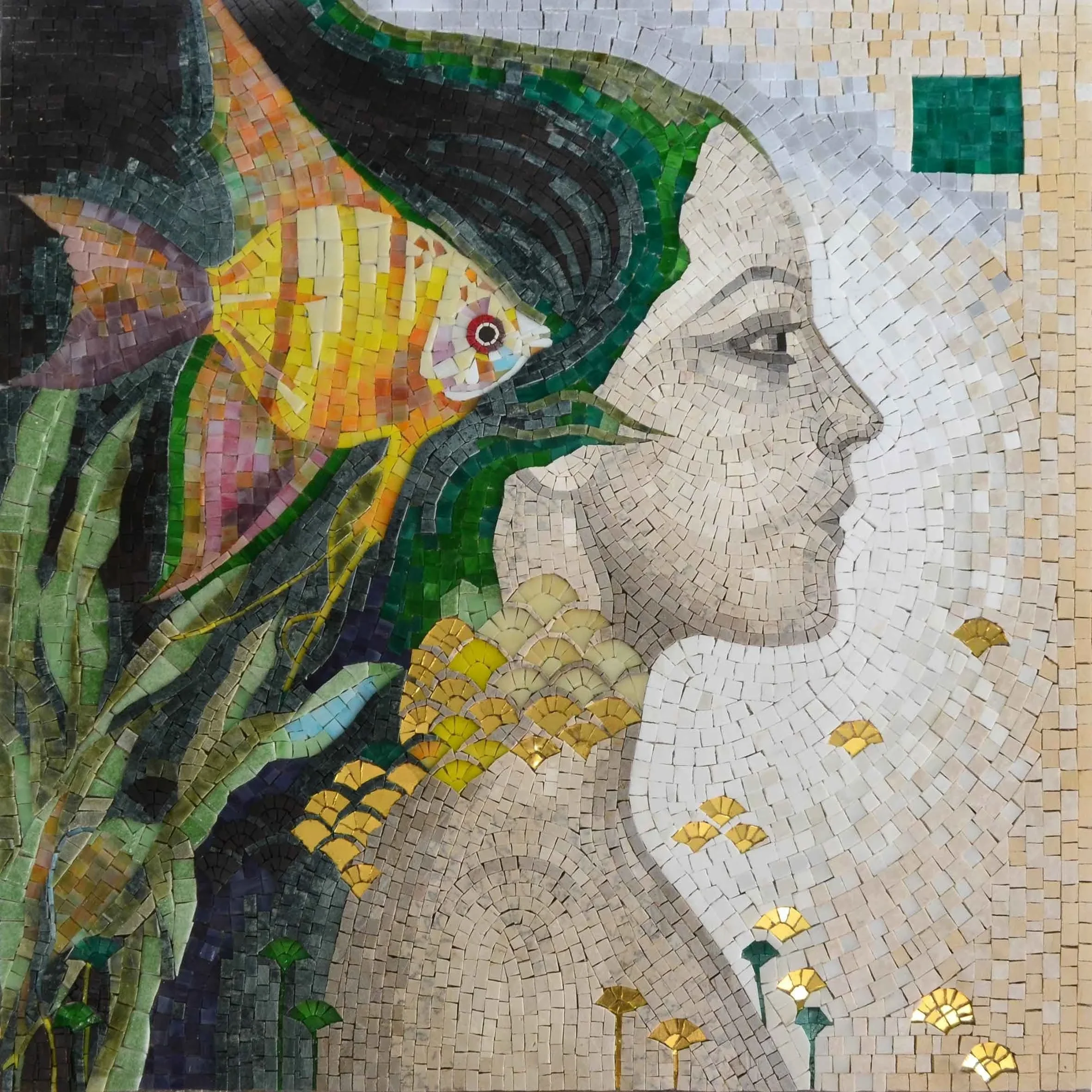 Felix Mas Woman Fish Geometric Art Handmade - Mosaic Wall Realm Beauty Luxury Handcrafted - Mesh Backing