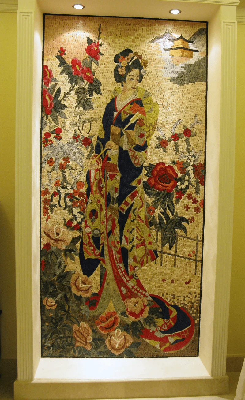 Geisha Figure With Flowers - Marble Minimalist Mosaic Art - Mesh Backing - Image 2