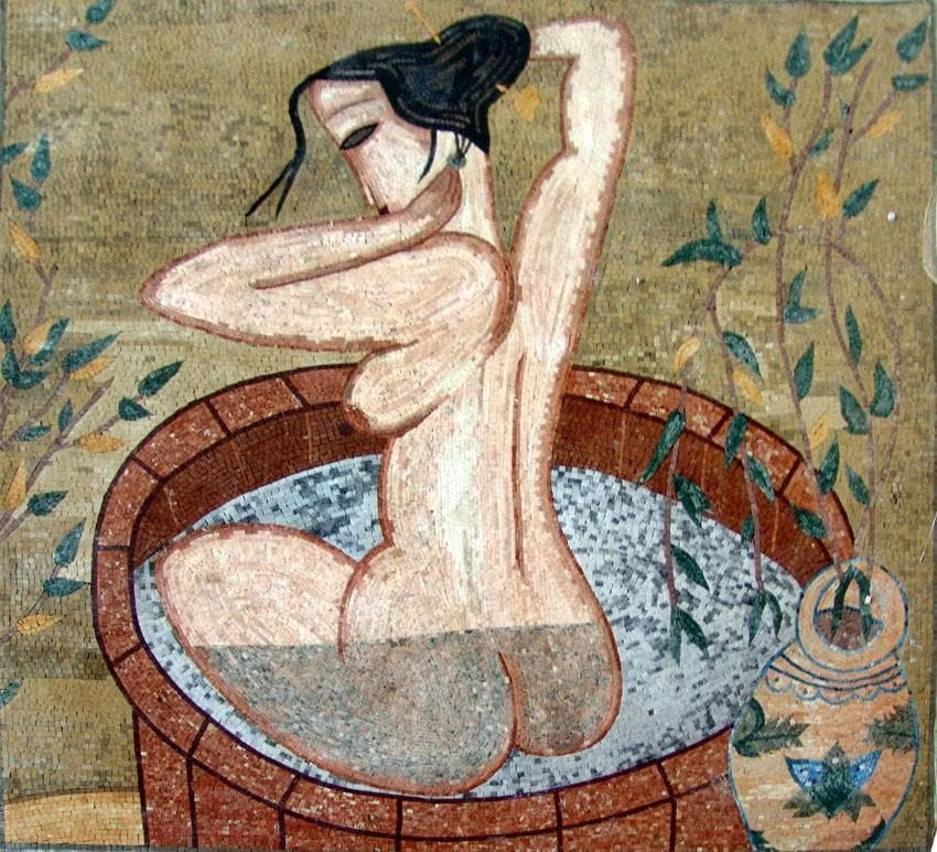 Old Bathing Nude - Marble Roman Mosaic Reproductions Art - Mesh Backing