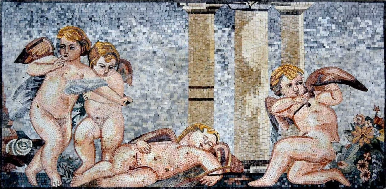 Geometric Cherubs - Marble Mosaic Playful Mural - Mesh Backing