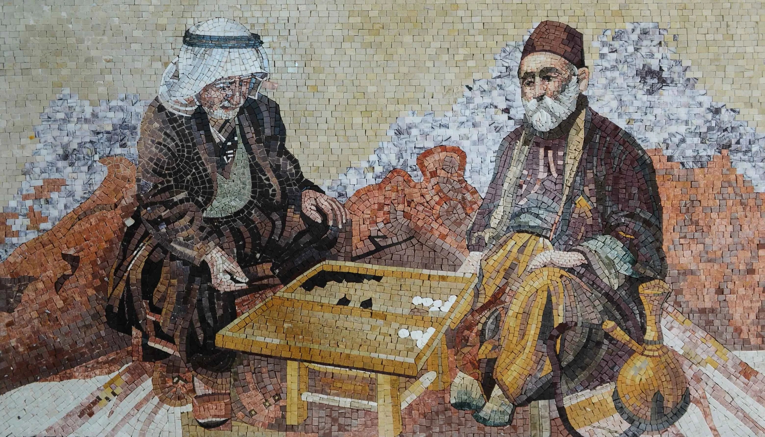 Playing Backgammon Figure - Marble Mosaic Mural Luxury Handcrafted Art - Mesh Backing