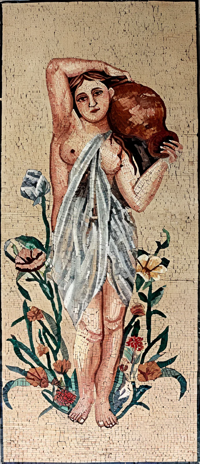 Woman Carrying Jar - Compass Pool Medallion Mosaic Mural Art - Mesh Backing - Image 3