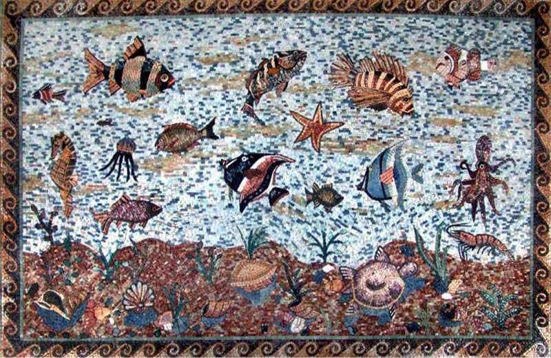 Enchanting Aquatic Life Mural - Marble Mosaic Nautical Fish - Mesh Backing