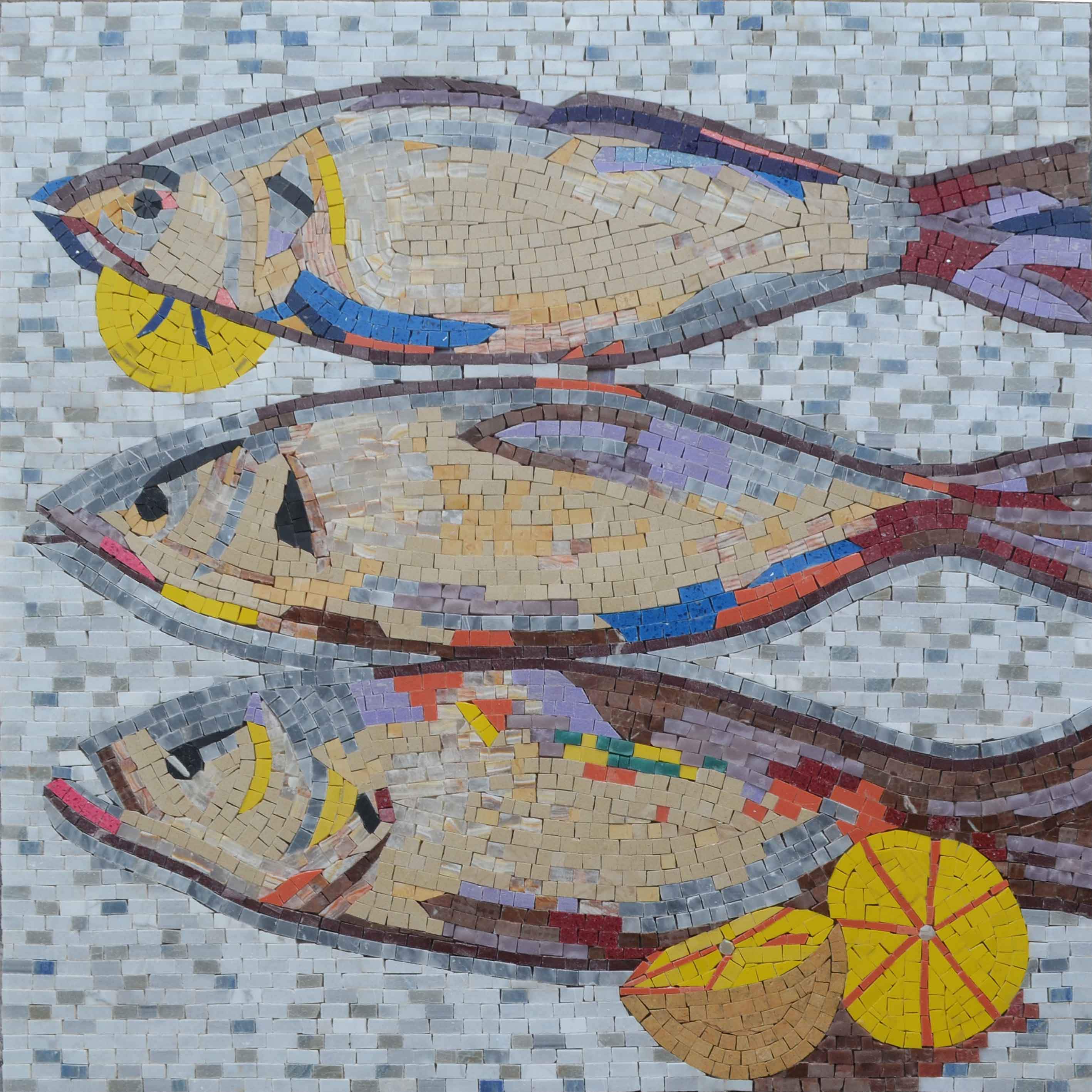 Three Fish Motif - Klimt Mosaic Tiles Nautical Art - Mesh Backing