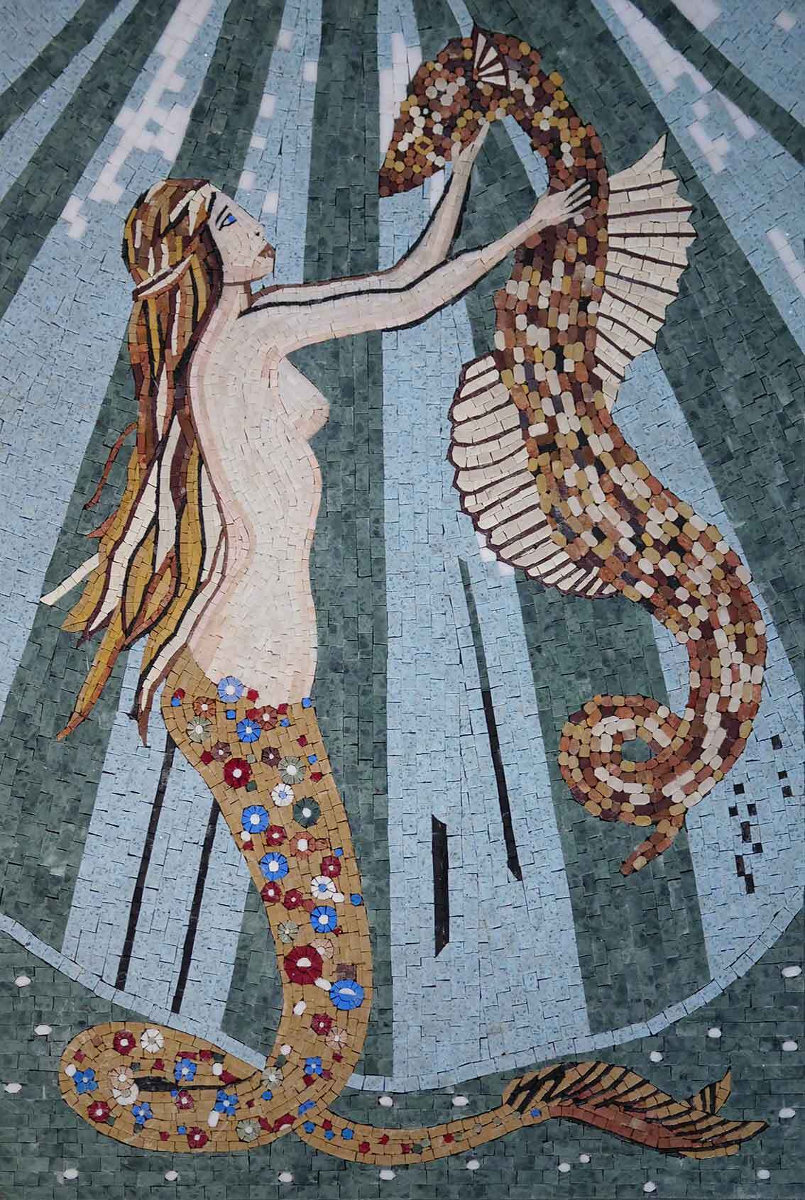Mermaid Seahorse Embrace - Marble Gaudi Mosaic Nautical - Mesh Backing