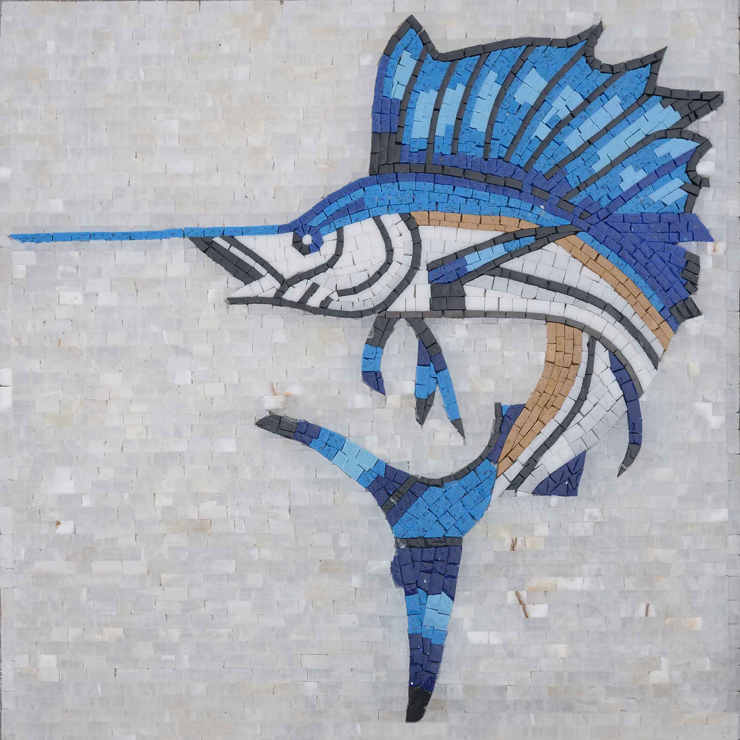 Sailing Fish Motif - Marble Mosaic Table Top Nautical Tile - Mesh Backing