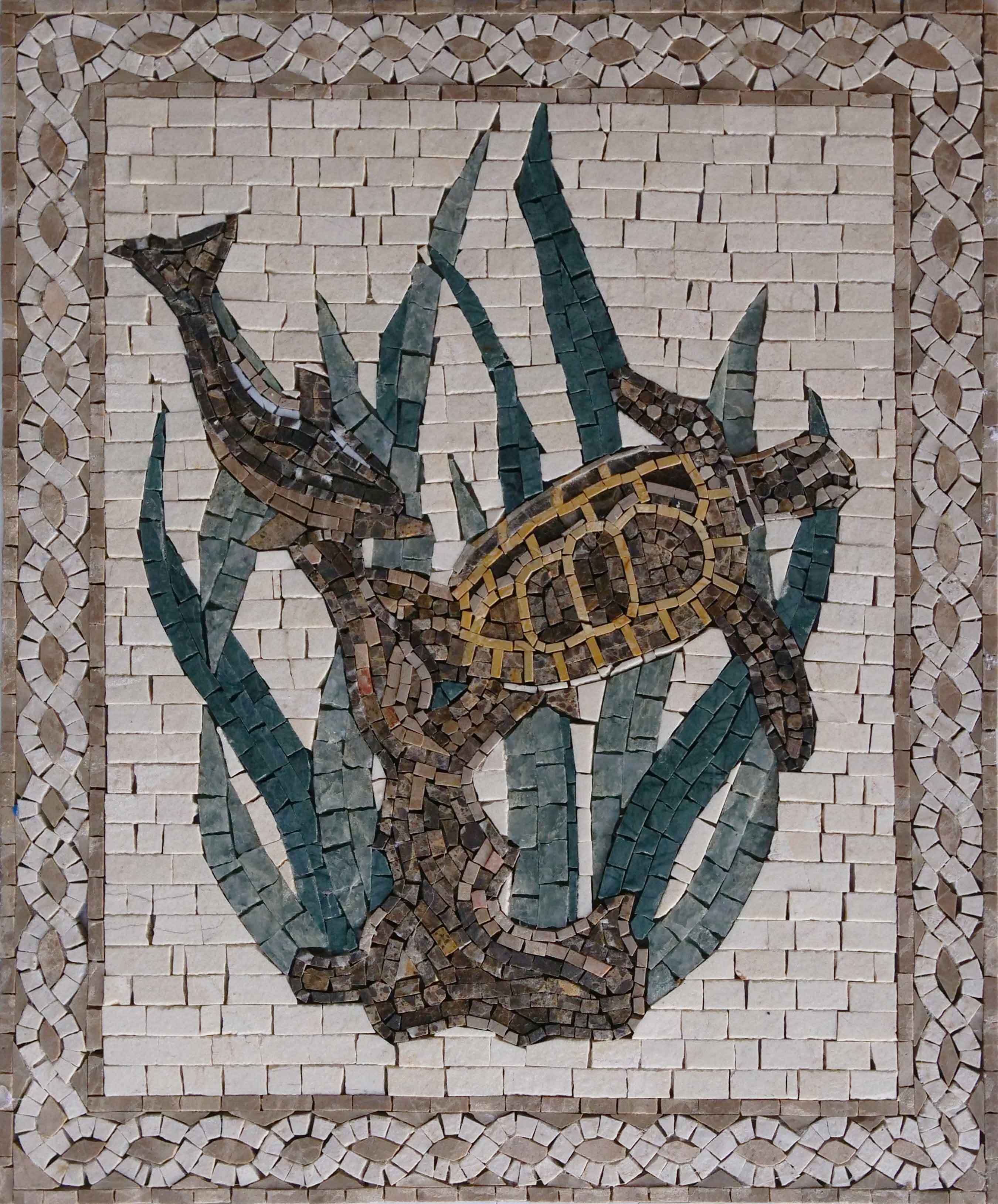 Dolphin Turtle Scene - Marble Mosaic Tile Patterns Nautical - Mesh Backing