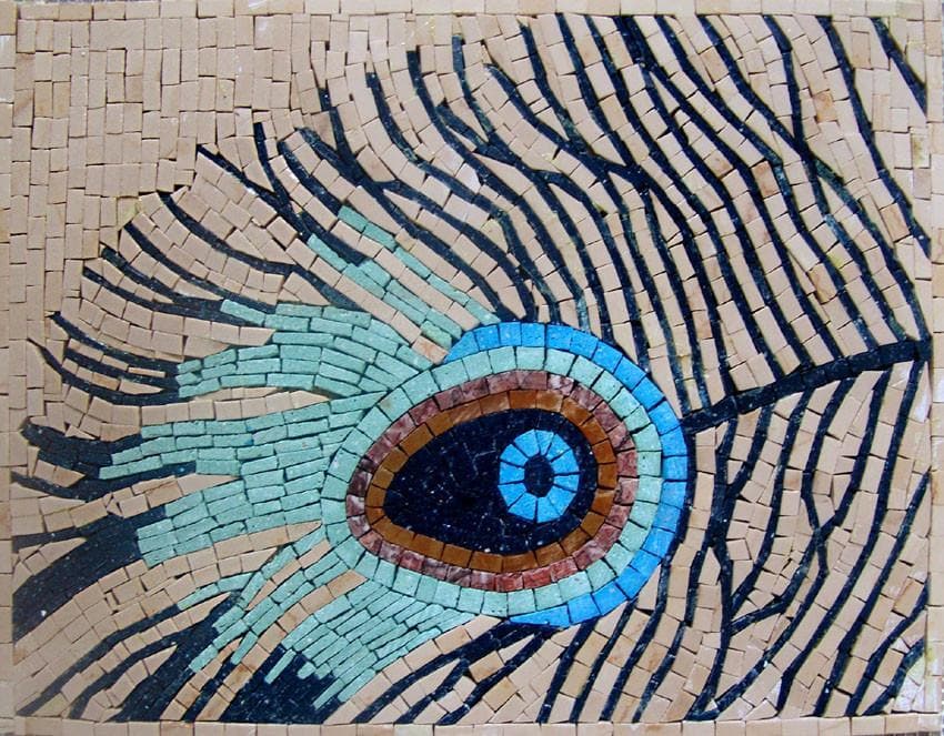 Feather Motif - Mosaic Art Peacock Artwork Luxury Handcrafted Natural Stone Decor - Mesh Backing