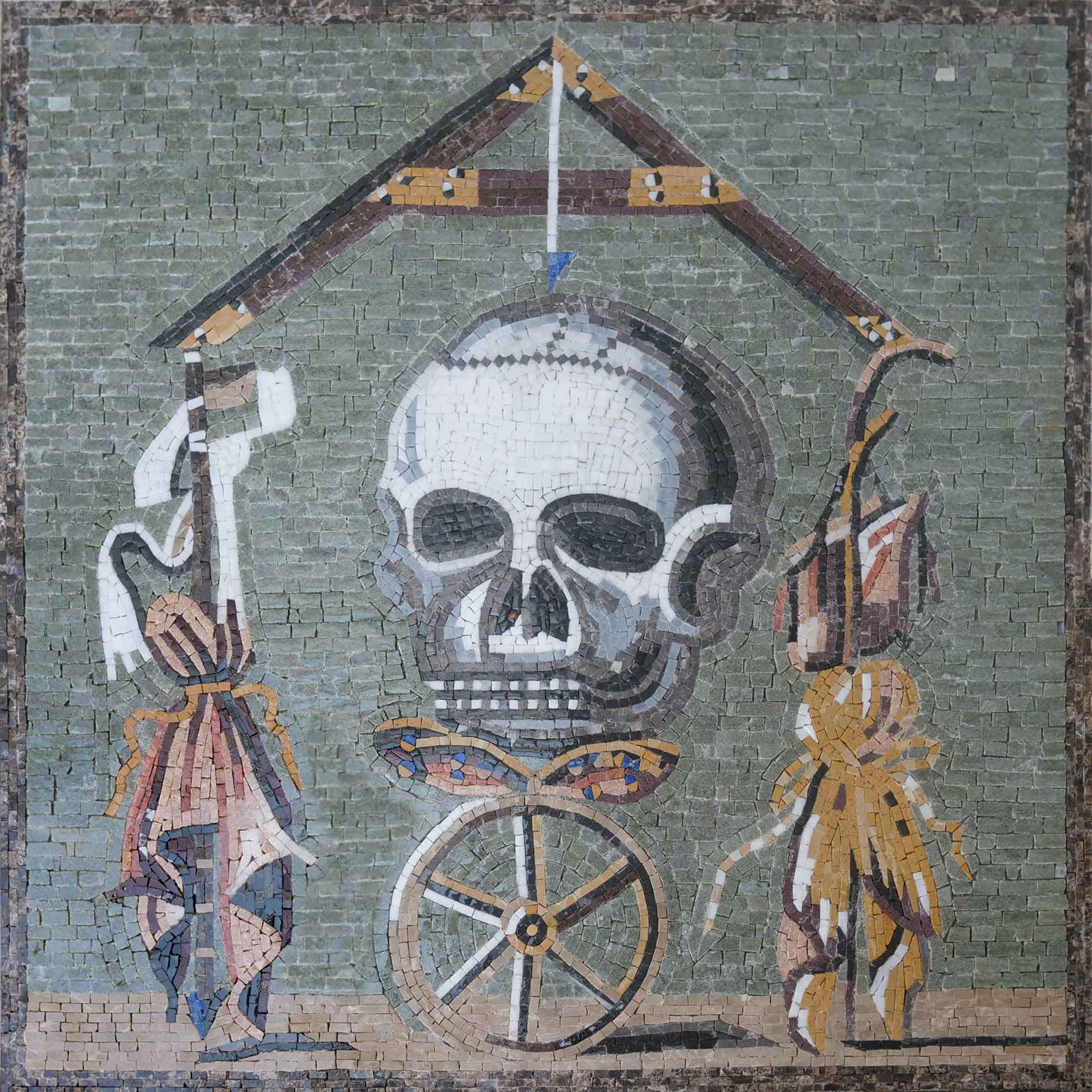 Skull Wheel Motif - Marble Our Lady Of Guadalupe Mosaic Handcut - Mesh Backing