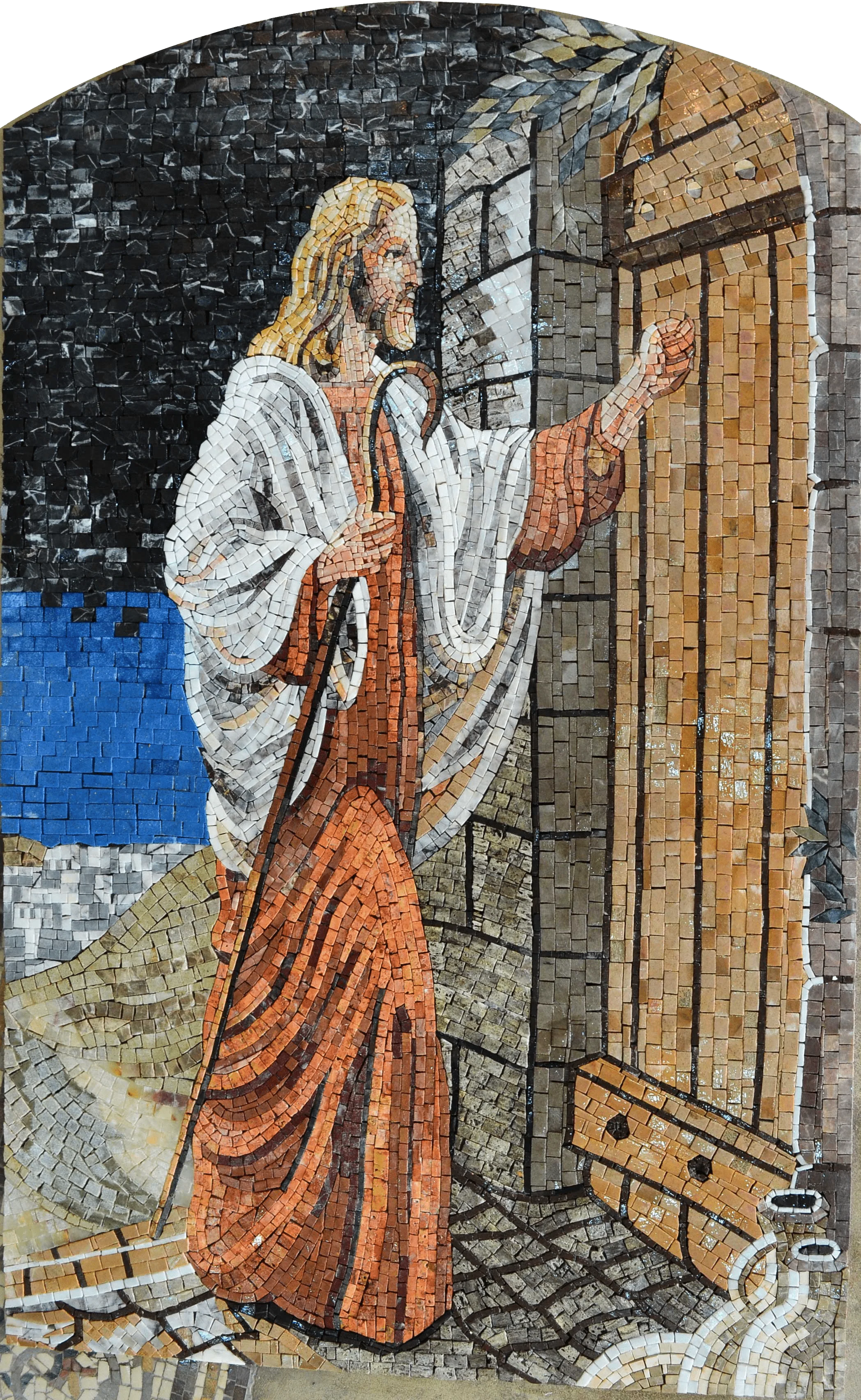 Jesus Figure Knocking - Marble Mosaic The Shepherd Door Religious Handcrafted Luxury Art - Mesh Backing