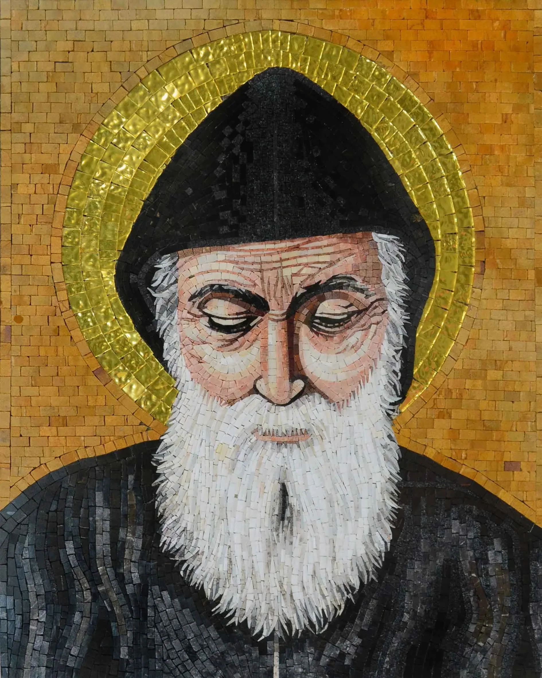 Saint Charbel Icon - Marble Mosaic - Mesh Backing