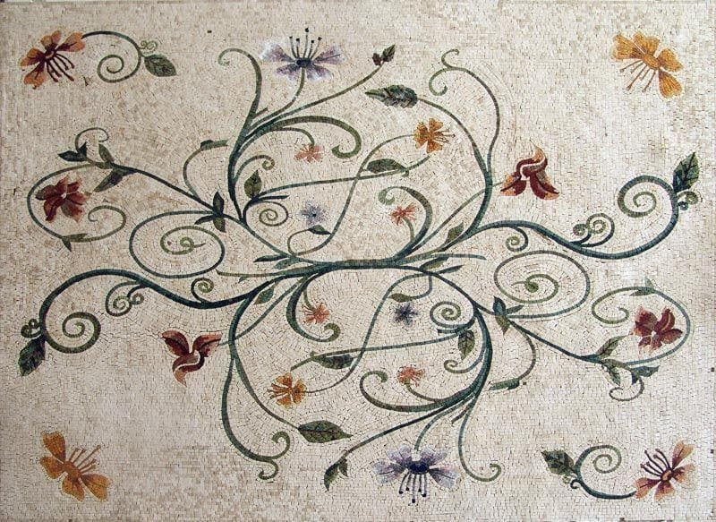 Flowery Mosaic Art Rug Tile | Luxury Handcrafted Natural Stone