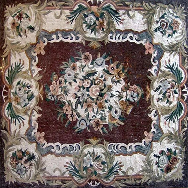 Floral Arrangement - Marble Mosaic Exquisite Rug Rectangular - Mesh Backing