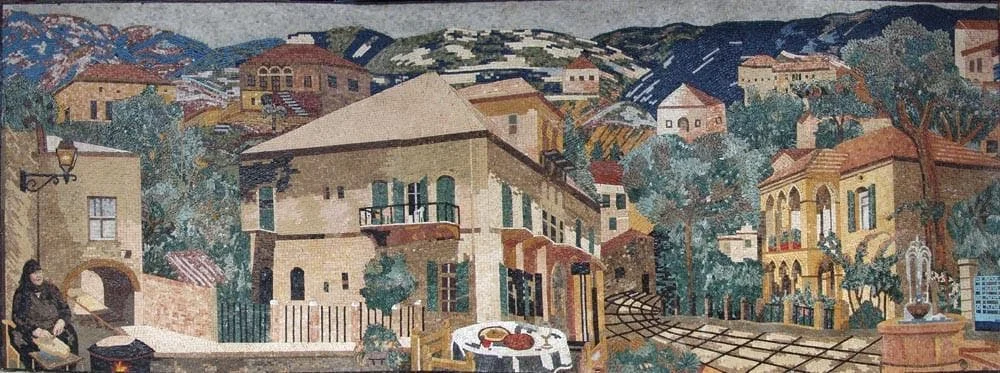 Village Natural Scene - Marble Custom Mosaic Stone - Mesh Backing